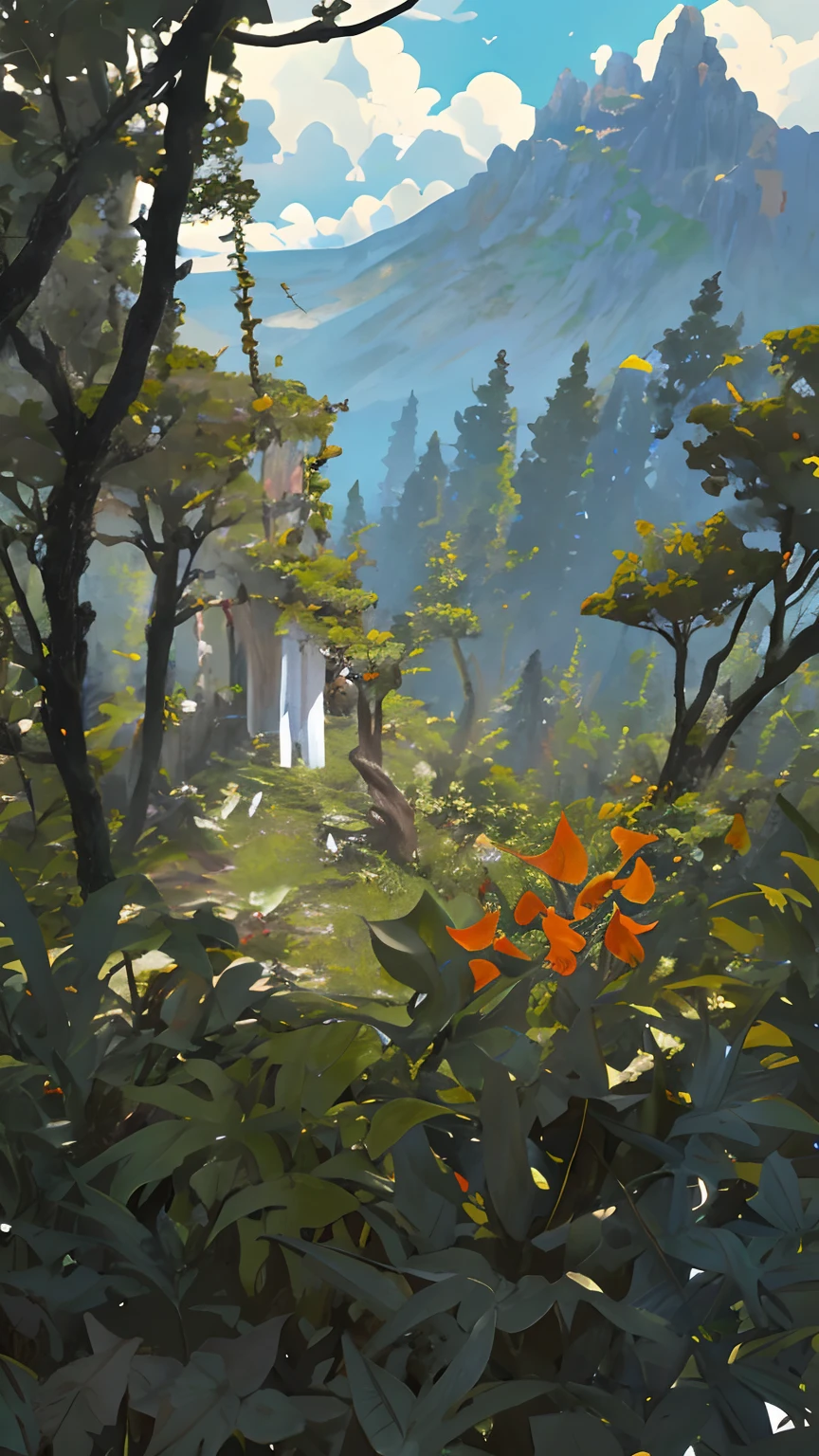 Primary forest,a few branch on the top,(relic) is covered with vegetation, relic close to viewer,Leaves and shrubs on the ground,summer,depth of field,(Foreground:1.5relic), middle view:1.2, (distant viewillustration:1,mountain +sky)