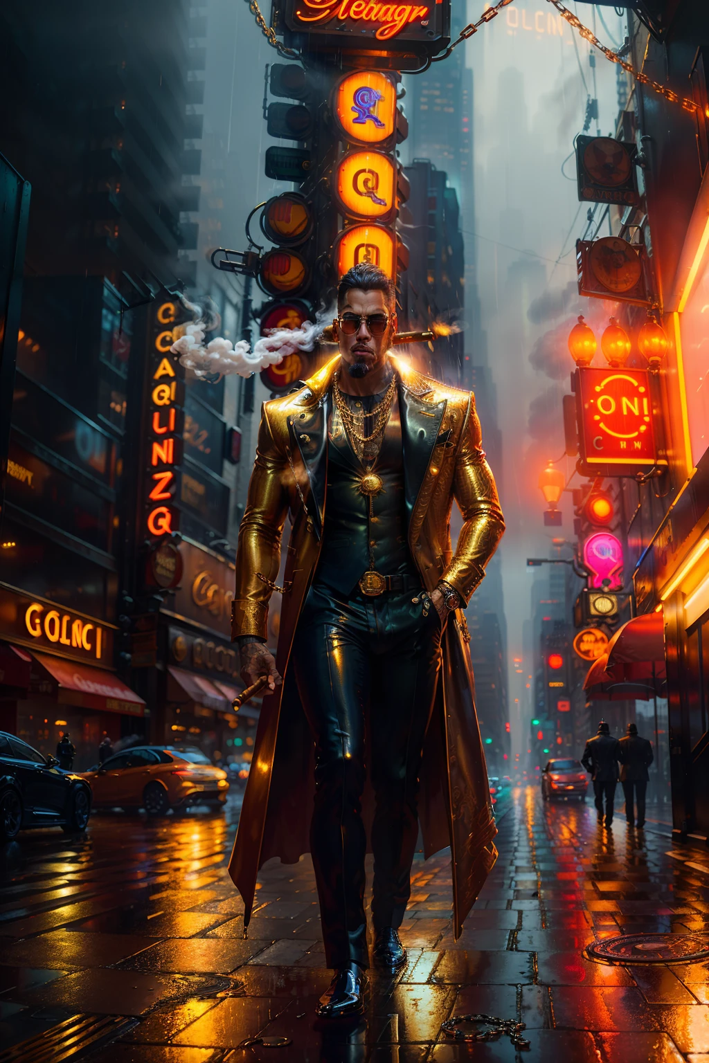 ((realistic)), ((detailed)), illustration, scene perspective (urban setting), character appearance (uang-headed and humanoid body wearing a sleek overcoat, gold chains, and rings while smoking a cigar amidst a rainy night with an imposing air), background elements (wet streets reflecting the city lights, neon signs and buildings in the background).