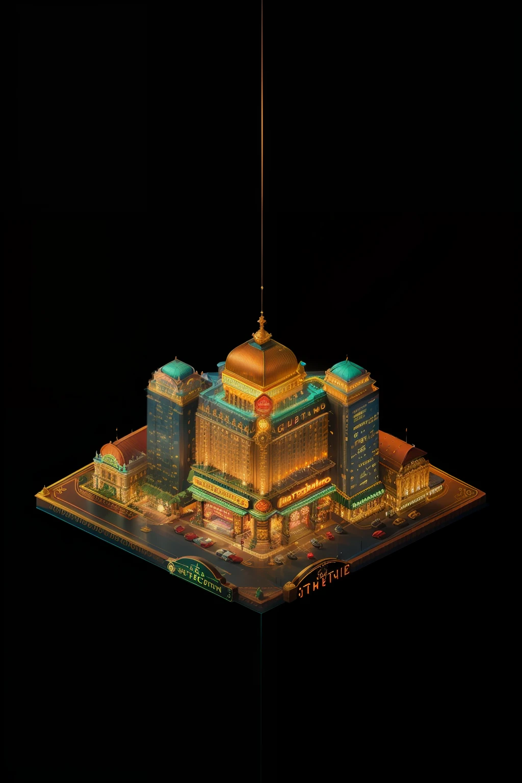 ((isometric projection)) view of a luxurious grand hotel, showcased in an ultra-realistic style with meticulous attention to detail, featuring a prominent neon sign.