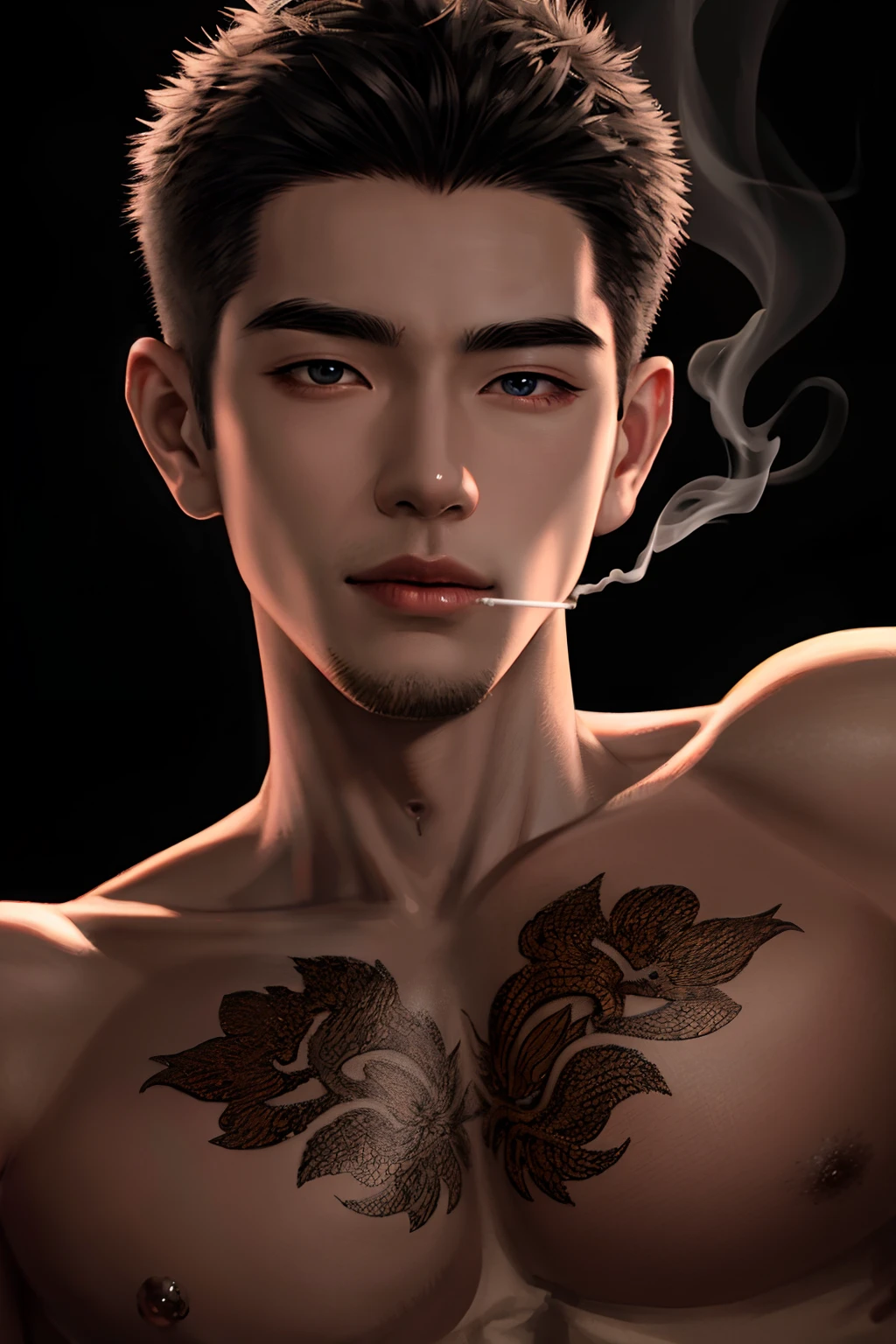 ((best quality)), ((ultradetailed)), ((masterpiece)), illustration, young adult man, ((asian male facial features)), soft facial features, tanned skin, yakuza,((tall_muscular_man)), black_short-cut_hair, meeay hair, brown eyes, light smile, black tank top, relaxed, ((tattoos on shoulders and arms)), mysterious symbols, ((cigarette smoking)), sitting in dimly lit living room, deep and enigmatic gaze, complex emotions, warm atmosphere, male protagonist, complex lighting. 
looking at viewer, highres, hyper-detailed, photorealistic, ultra realistic, realistic light, hard lighting, intricate details, stop motion, tonemapping, sharp focus, hyper detailed, detailed eyes, eyes focus, (illustration:1.1), highres,  background details, (extremely detailed CG unity 8k wallpaper:1.1), (mid shot1.25), (portrait:1.25), (solo:1.2), (beautiful face:1.15), (nixeu_soft:0.7), (nixeu_white:0.7)