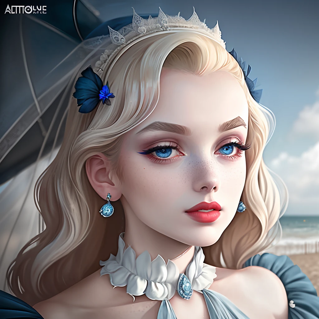 closeup (photo) of a variety of debutante|bridal|goth, (Veronica Lake)|(Elle Fanning:.5)|(Marilyn Monroe) woman of (different varied poses), long hair, light freckles and pale shimmery skin, (glowing blue eyes),stood on Brighton beach, (shallow depth of field), photorealistic digital art trending on Artstation by Aphonse Mucha, 8k HD high definition detailed realistic,