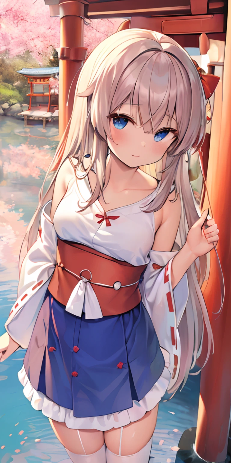 ((best quality)), ((ultradetailed)), ((masterpiece)), illustration, character appearance (blue eyes, brown long hair), clothing attire (exposed-shoulder miko outfit, white stockings), scene elements ((shinto shrine torii gate, falling cherry blossoms, river water)), perspective, background.