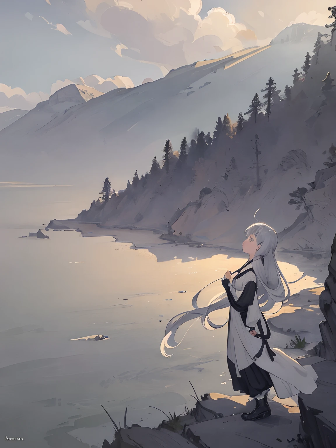(masterpiece), (best quality), (high resolution),dutch angle,hyper detailed, solo, girl,detailed_background, landscape,The girl in the photo is standing on a rocky cliff overlooking a vast and stunning landscape.
She appears to be lost in thought, with her hair blowing gently in the wind.
Her outfit is simple yet elegant, perhaps a flowing dress or a sleek jumpsuit.
The background features a breathtaking vista, with rolling hills, majestic mountains, and a clear blue sky.
The light in the photo is warm and golden, casting long shadows across the landscape and creating a sense of depth and texture.
The dutch angle adds an interesting and dynamic perspective, as if the viewer is seeing the scene from a slightly tilted or off-kilter point of view.
The level of detail in the photo is truly impressive, with every blade of grass, every rock formation, and every cloud rendered with hyper-realistic accuracy.
Despite the grandeur of the landscape, the focus of the photo remains squarely on the girl, who exudes a quiet strength and grace.
The high resolution of the image allows for a rich and immersive viewing experience, with every detail popping out in crisp clarity.
Overall, the photo is a true masterpiece of composition, lighting, and storytelling, conveying a sense of awe and wonder at the beauty of the natural world.