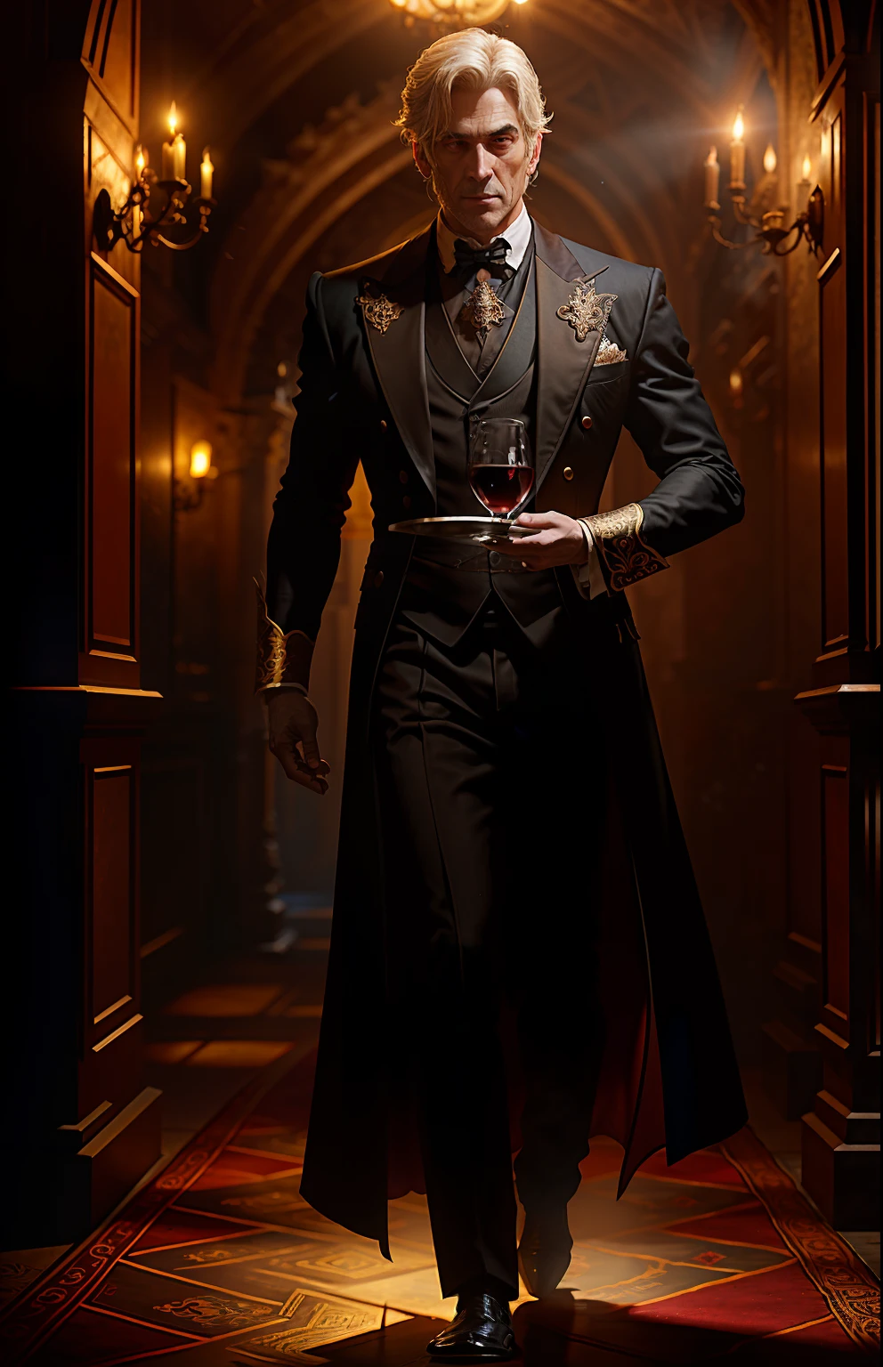 Movie scenes, (full-body close-up), An ancient vampire butler,handsome, blonde,dressed in a medieval black dress and holding a ornate silver tray with a bottle of crimson blood and a pair of delicate wine glasses, corridors, walking, mysterious, ancient, intricate detail, highly detailed, volumetric lighting, 4k rendering, stock photo, ultra-realistic, realistic textures, dramatic lighting, depth of field, film