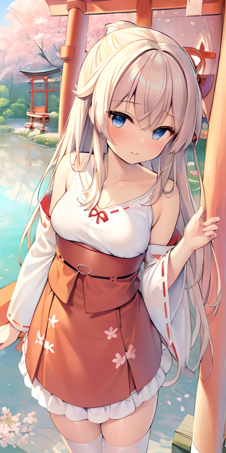 ((best quality)), ((ultradetailed)), ((masterpiece)), illustration, character appearance (blue eyes, brown long hair), clothing attire (exposed-shoulder miko outfit, white stockings), scene elements ((shinto shrine torii gate, falling cherry blossoms, river water)), perspective, background.