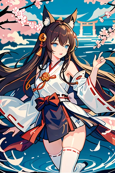 Illustration style, dynamic angle, ultra-detailed, featuring one girl with blue eyes, long brown hair, and animal ears rated at 0.8. She is wearing a revealing Miko outfit rated at 1.4, along with white legwear rated at 1.6. The background features a Shinto shrine torii gate with falling cherry blossoms and flowing water.