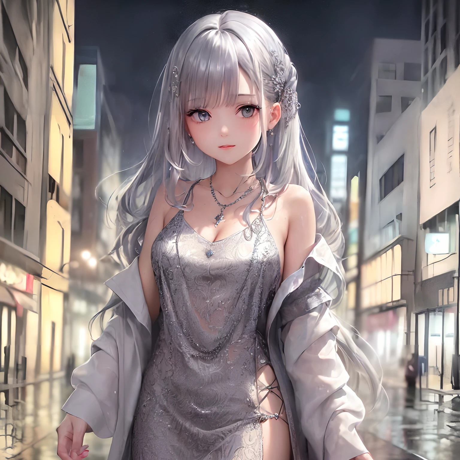 (8k, best quality, masterpiece:1.2),1girl,hair ornament, portrait, (long loose silver revealing dress:1.1), necklace, blue nails,cute,cityscape, night, rain, wet, professional lighting, photon mapping, radiosity, physically-based rendering,(mature female:1.3), (intricate detailed , taut clothes, hair ornament :1.2),<lora:Moxin_10:0.6>,