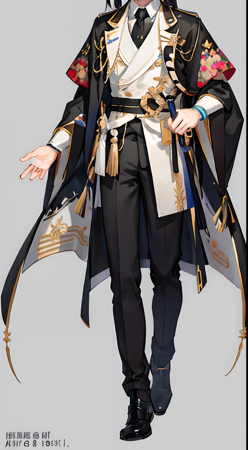 Fashionable young man, Young, handsome, with medium-length black hair, Harajuku style clothing, Simple/plain background, Full body shot with a detailed close-up of the face (scaled at 1.2), Solid/plain color background, Masterpiece level.