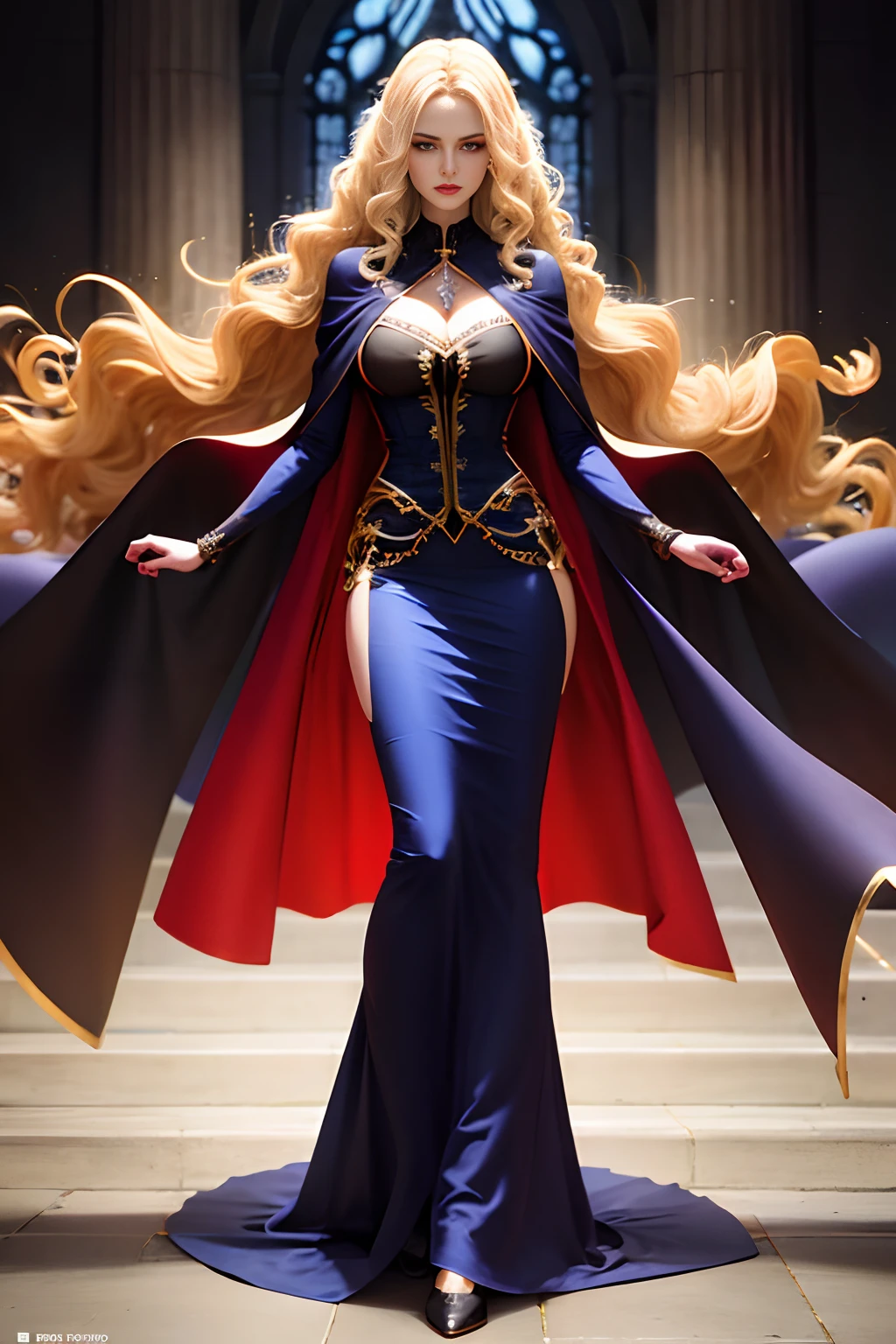 dim church, mature female, Glowing blue eyes, inexorability, slim,tall, long blonde curly hair, long black cape, red leotardy long skirt, long skirt with diamond, faint light on left side of body, full body portrait, Gothic, gold bracelet, 8k, Official style