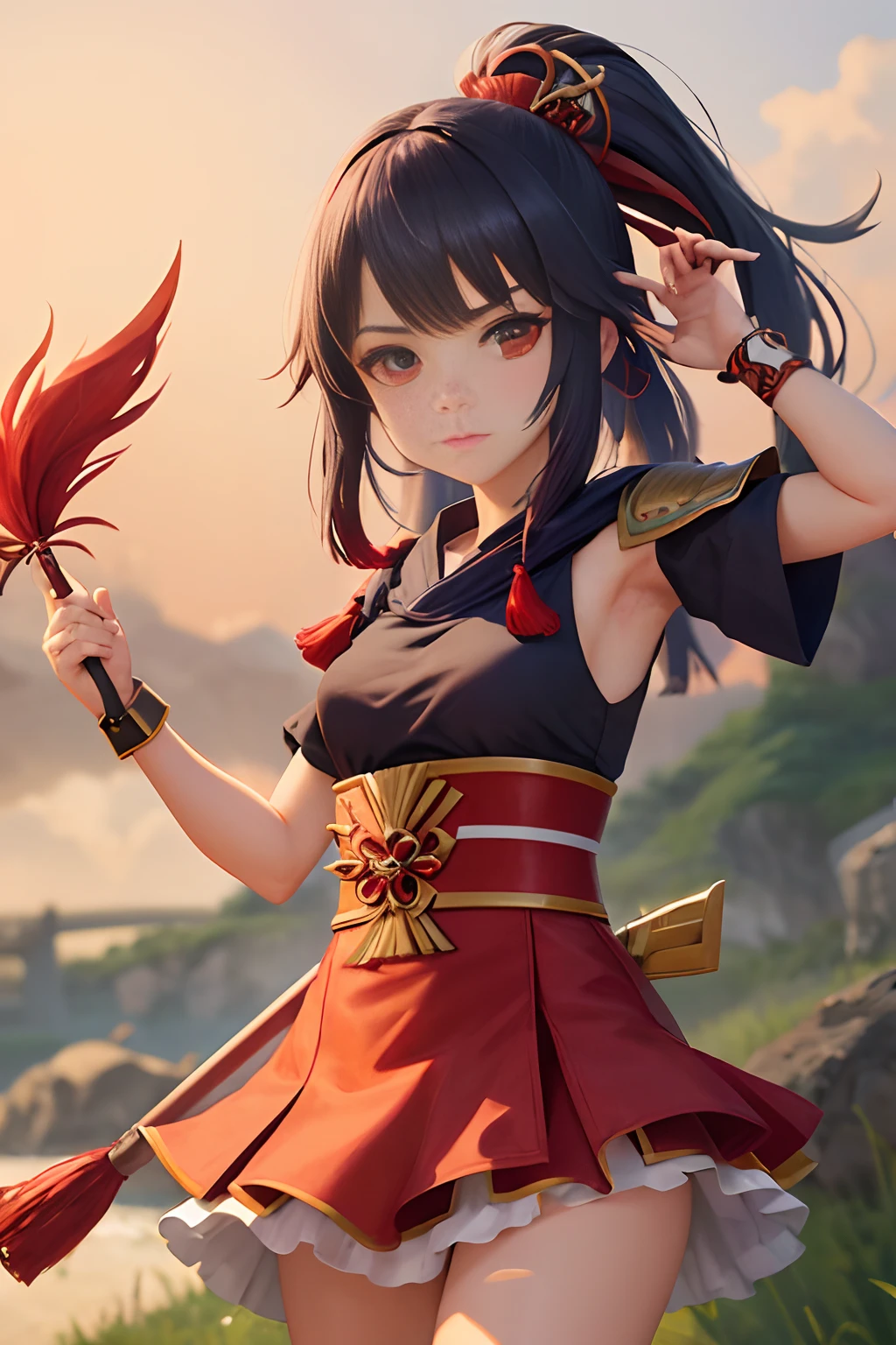 "A girl with a frown, holding a red tassel spear in her hand, flying in the air in a sci-fi and anime style similar to Genshin Impact." 8k, masterwork,