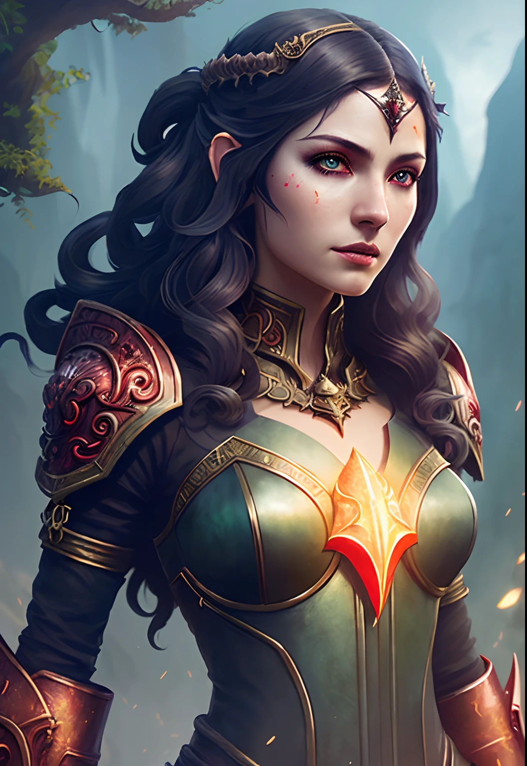 close-up head, facing camera, realistic digital painting portrait of a gothic female blood elf, (curly hair:1.1), (Dungeon and Dragon:1.3), magical dark and red universe, magic cloth armor with red and yellow engrave in, intricate details, (abstract background:1.2), (light particle:1.1), (very detailed skin:1.2), (game concept:1.3), (elden, ring style:1.3), (arcane style:0.8), (depth of field:1.3), global illumination, art by hoang lap and fuji choko and artgerm, and greg rutkowski and viktoria gavrilenko