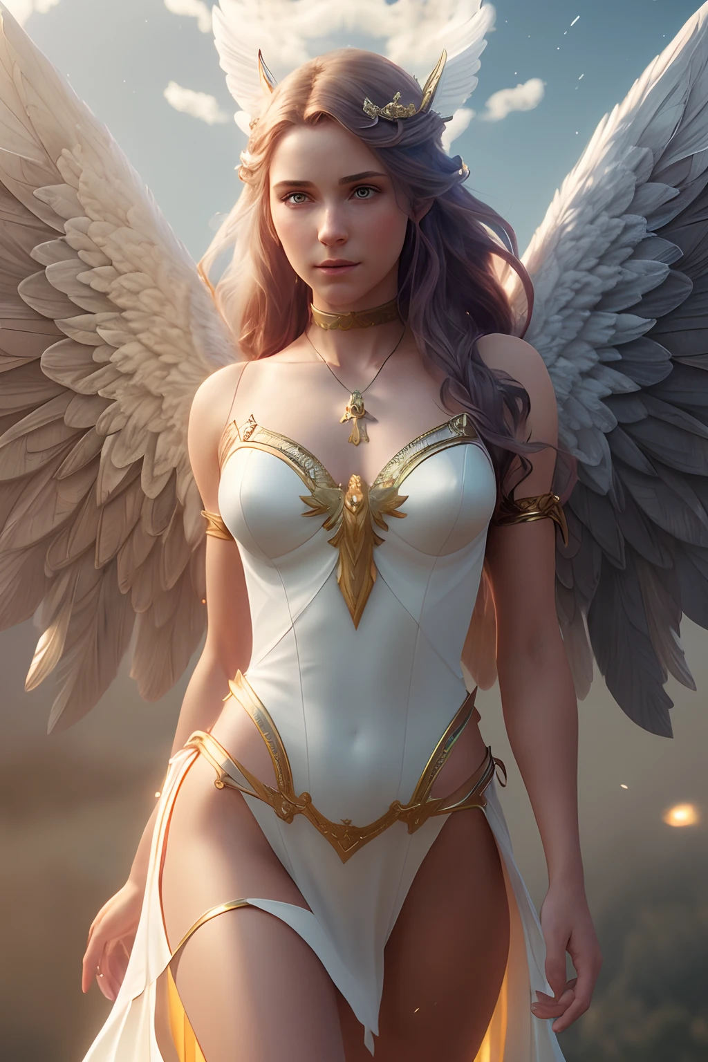 Perfectly-centered photograph of a real life godly ((angel)) with wings descending from (((heaven))), flying, floating, hovering, fantasy, d&d, magic, dreamy, particle effects, ((stunning environment)), wide angle, ((detailed environment)), detailed background, lifelike, ((highly detailed)), ((intricate)), detailed face, professional digital painting, artstation, concept art, pastel colors, ((((professionally color graded)))), photorealism, 8k, crisp lighting, trending on tumblr, art by artgerm and greg rutkowski and alphonse mucha and loish and WLOP