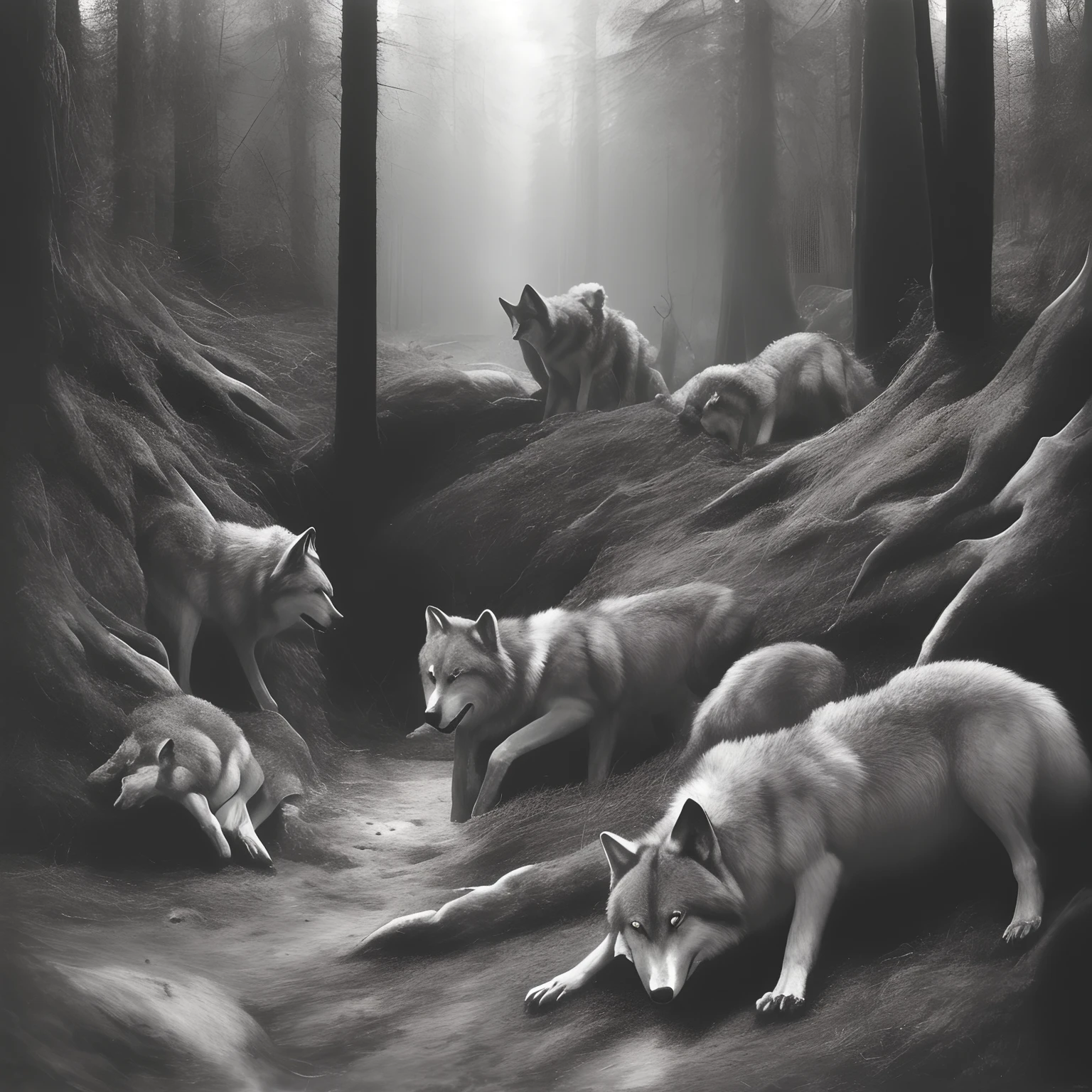 A realistic oil painting of a wolf den set in a modern forest, depicting the wolves' natural habitat. The use of natural light creates deep shadows and contrast, adding to the realism of the scene. Painted by Robert Bateman in a realistic wildlife style, the artwork captures the intricate details of the environment and the wolves themselves.