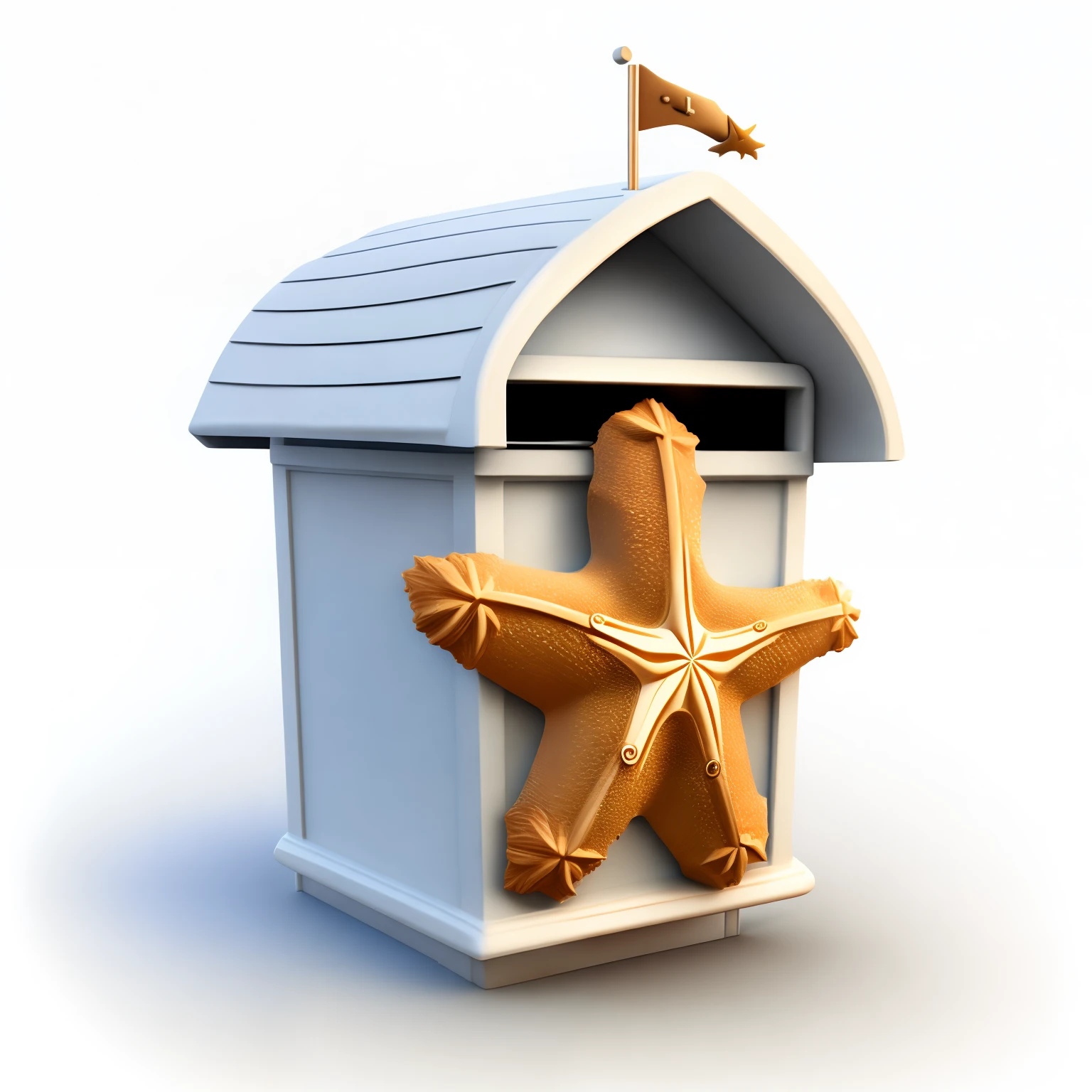 A mailbox icon ,Marine elements , with a symbol of the starfish inside it , white background , studio lighting , 3D , C4D , blender , OC rederer , high detial , vector , art , center axes ,