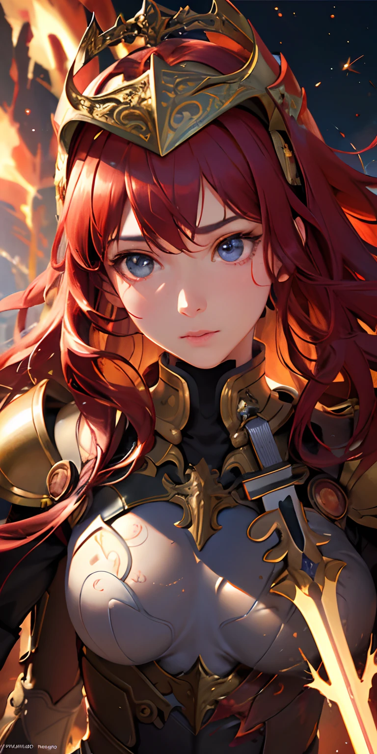 (Realistic :1.3), (Intricate details :1.2), small head, upper body, (floating), Dark Fantasy, Dynamic Angle, flashing stars, solo, (long red hair, messy hair)), (helmet :1.3), armor dress, long legs, sword grip, red light particle, blood splash, iron spark, prosthetic, white man, BREAK, , Ultra high resolution, 8k Ultra HD, SLR, film texture, perfect anatomy, detailed skin,