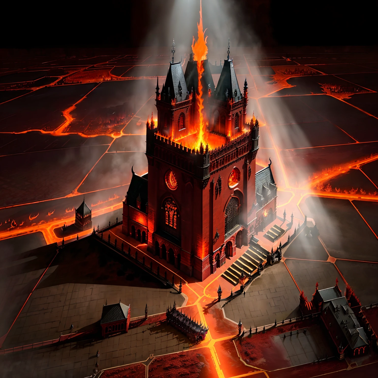 (top-down)，(isometric view)，very high definition，high detail, 8k, cinematic lighting, ultra high resolution，On this land full of evil aura, stands a gothic-style demon armory with a giant demonic sword as its main building, made of dark metal and shining with fierce edges. Sharp spikes with demon elements surround the area, resembling piercing needles, against a red molten lava floor emitting scorching heat. The entire armory exudes a strong demonic atmosphere, reminiscent of a pathway to Hell. This description makes us feel like we are in a world full of darkness and evil, experiencing a strong visual impact and intimidation，