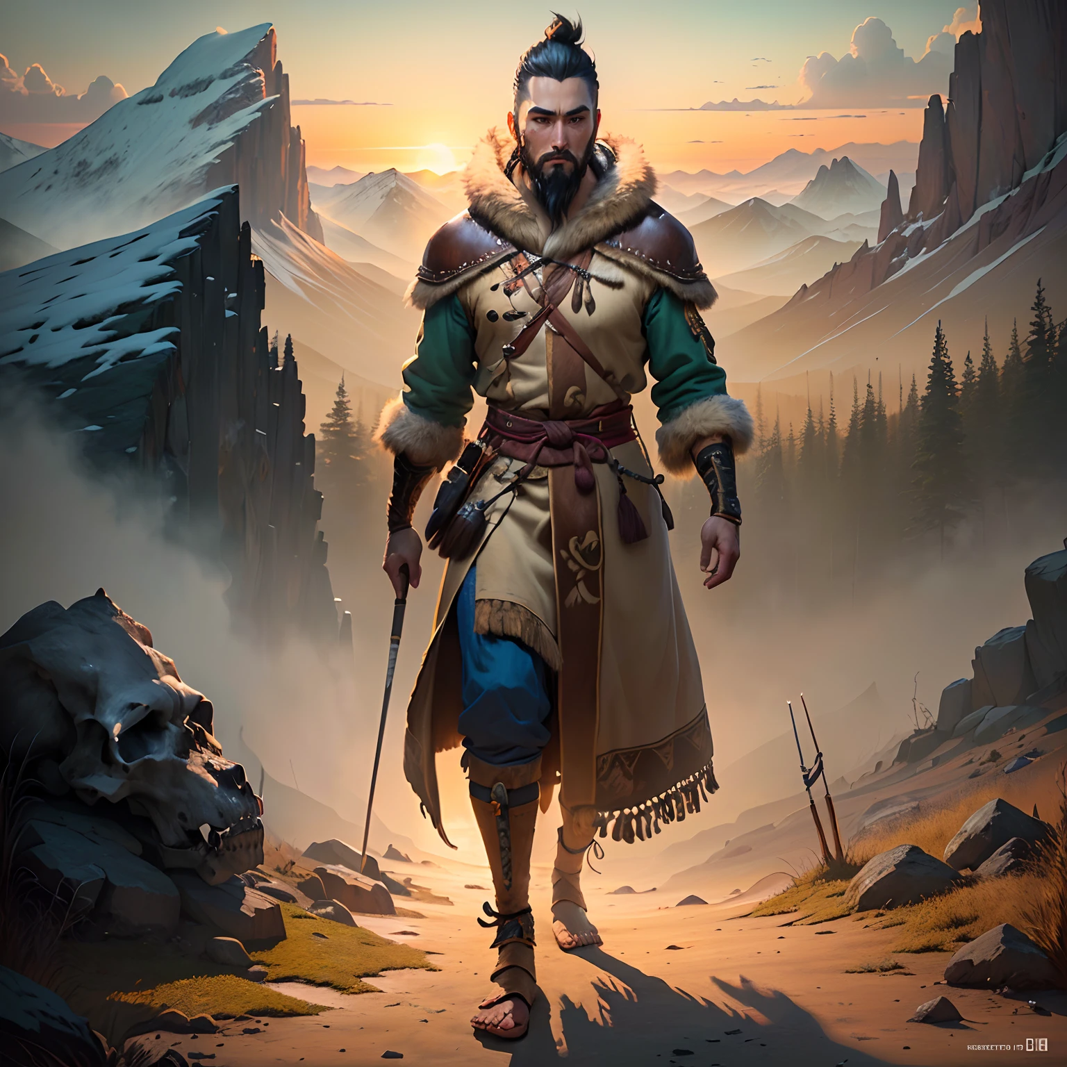Injured Hanzo stands at the foot of a mountain, dressed in rugged animal hide clothing with one foot resting on a skull. He holds a wolf tooth club made from a thigh bone and looks up to the sky, viewing the beautiful sunset. The illustration style is reminiscent of American comic books with colorful, vivid details rendered in oil paint to add texture and depth. The illustration has a cinematic quality with high-quality lighting effects rendered using Blender and Unreal Engine for the highest level of detail. The background of the scene is cool-toned, conveying a sense of melancholy and sadness.