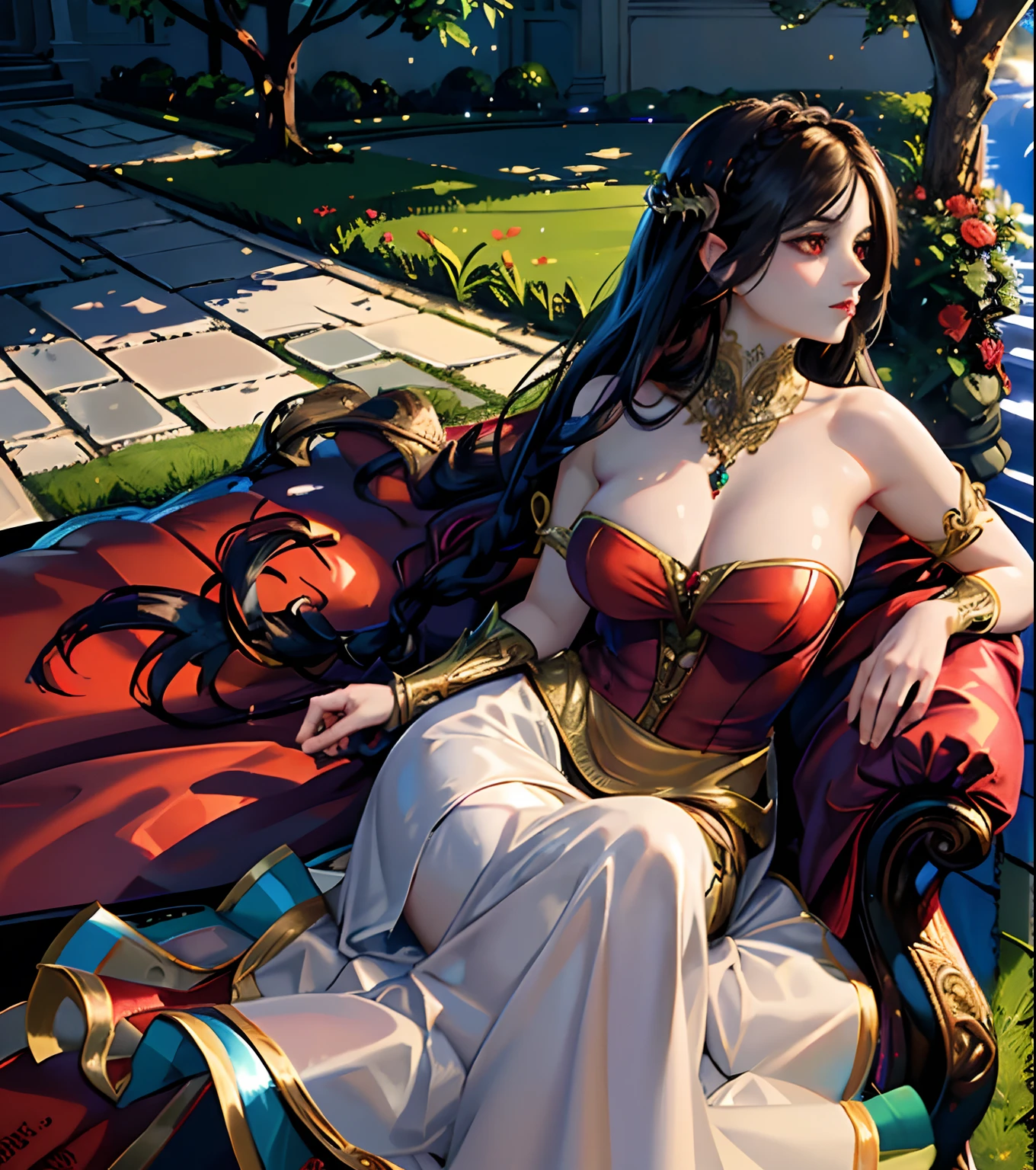 <(masterpiece, realistic:1.3), (extremely intricate:1.2)>, CG, ((European-style garden)), portrait of a young woman, beautiful face, pale, ((vampire)), soft light smile, milky skin, red long dress, bloody-red eyes, jewelry, sitting, strapless, strapless dress, graceful, bare shoulders,long hair, braid, black hair, well-groomed hair, long eyelashes, solo, profile, solo, highly detailed, complexed light, warm sun light afternoon, detailed eyes