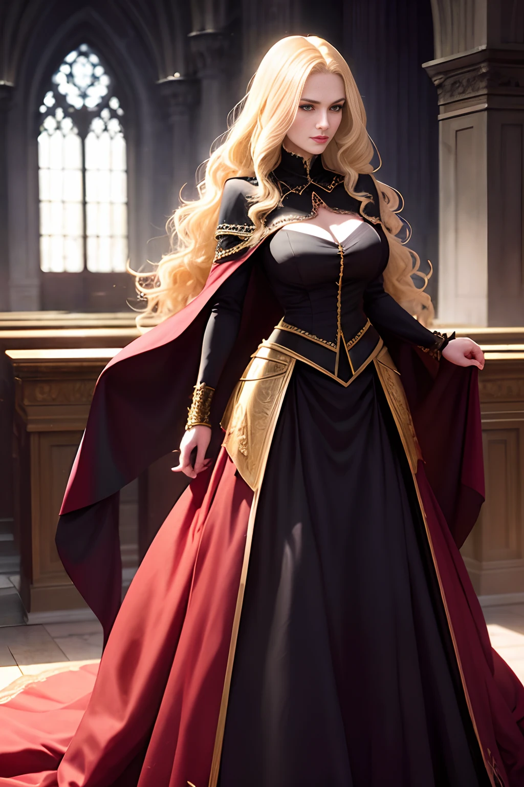 dark soul, dim light, old church, mature female, slim, tall, long blonde curly hair, long black cape, red leotardy long skirt, long skirt with diamond, gold bracelet, 8k, Official style, European aristocracy
