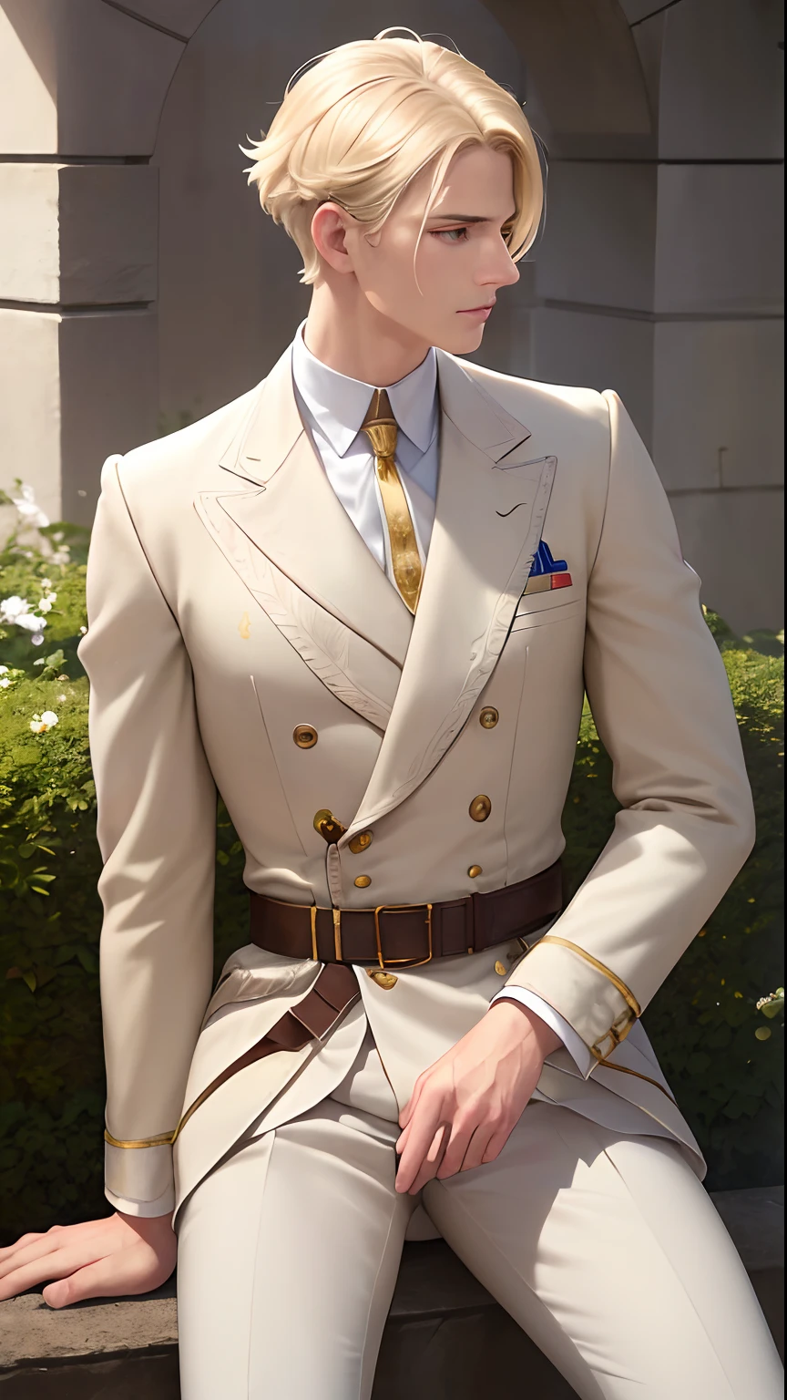 <(masterpiece, realistic:1.4), (extremely intricate:1.2)>, CG, ((European-style garden)), portrait of a young adult man, handsome face, sharp facial features, ((military angel)), pale skin, unemotional face, light-brown eyes, jewelry, sitting, gracefully, white clothes, white long pants, elegant shirt, tall-build, soldier's build, toned fit, hard general, blonde short hair, short-cut hair, short hair without fringe, solo, profile, highly detailed, complexed light, warm sun light afternoon, detailed eyes, slender-eyed, ((shining angel halo on head)), ears with feathers, wing-liked ears, looking at viewer, ultra high res, 8k uhd, film grain, perfect anatomy, best shadow, delicate, RAW>