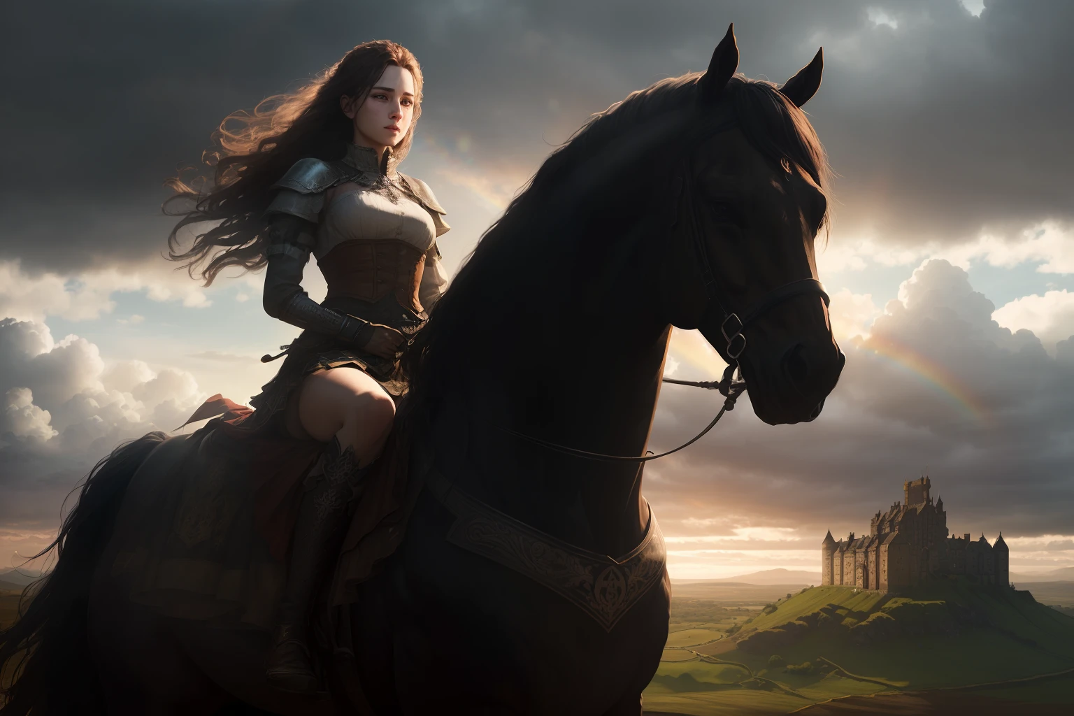 Masterpiece, A half body shot of beautiful Scottish woman noble wearing a Vivienne Westwood outfit, riding on a black stallion with black leather saddle, Bamburgh Castle in the background, very detailed, Cinematic lighting, with volumetric rays and bloom effect in the style Greg Rutkowski, dramatic lighting ,clouds at sunset, rainbow:.4, photorealistic digital art trending on Artstation 8k HD high definition detailed realistic, Style-Kilt:.5