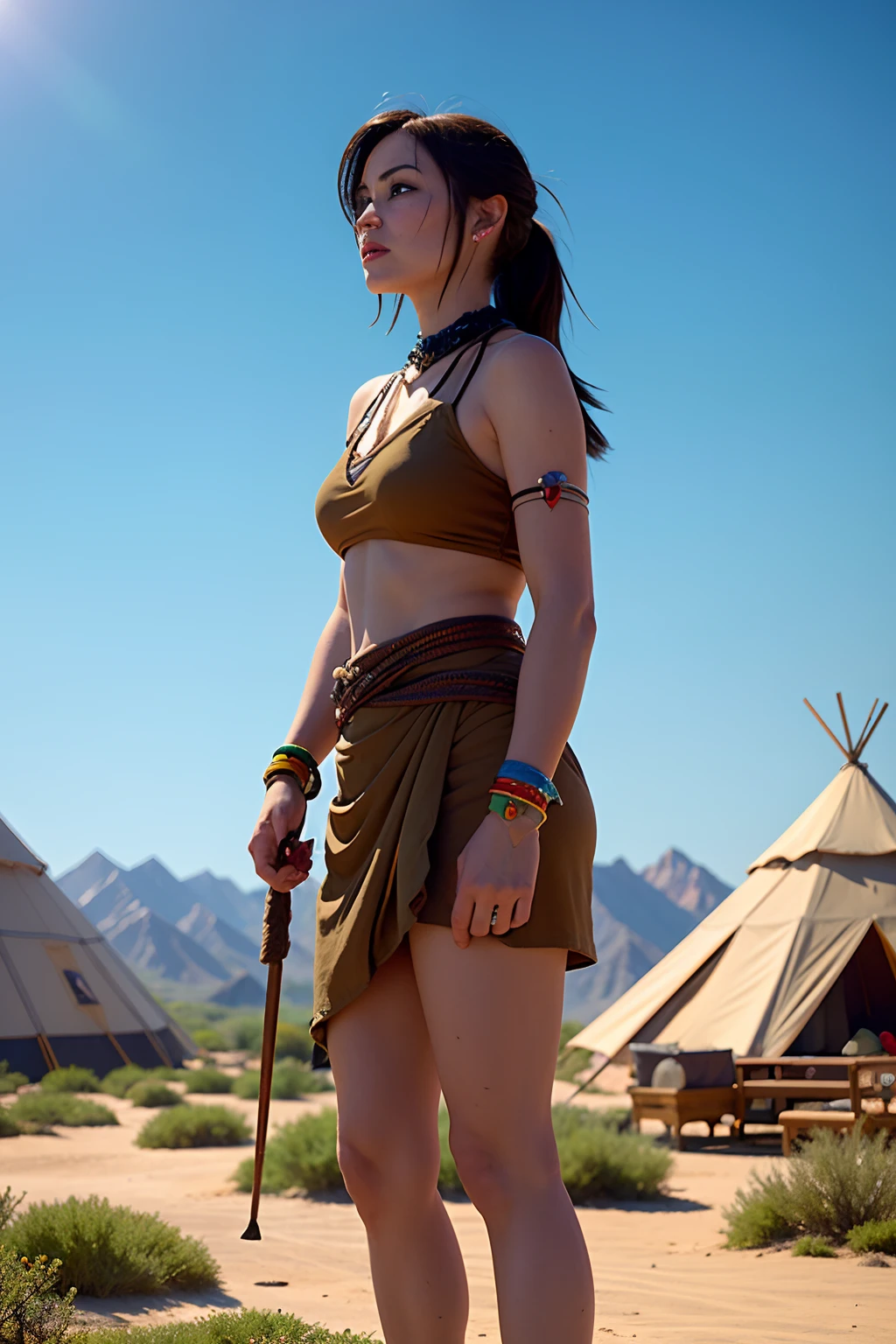 Injured primitive man stands at the foot of a mountain, displaying a determined and fearless expression. He wears rugged animal hide clothing with a tiger skin wrapped around his waist and is barefoot, with one foot resting on a skull. He holds a wolf tooth club made from a giant beast's bone in his hand. The scene is set in a desert environment with the remains of a large beast in the distance. There are no snow-capped mountains in the scene, just an Indigenous peoples' campsite in the background featuring teepees and primitive items scattered around. The illustration style is reminiscent of American comic books with colorful, vivid details rendered in oil paint to add texture and depth. The illustration has a cinematic quality captured through a wide-angle lens, but with a cute and cartoon-like aesthetic reminiscent of the Q-version style. High-quality lighting effects are rendered using Blender and Unreal Engine for the highest level of detail. The background of the scene is cool-toned, conveying a sense of melancholy and sadness.