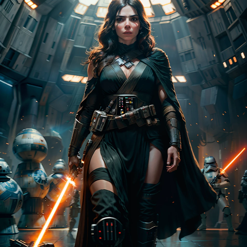 movie poster for Star Wars,  half body shot of rebel Princess, played by sandra bullock, in Darth Vader costume with lightsabre , death star hangar, masterpiece, intricate detail, highly detailed, volumetric lighting, 4k render, stock photograph, hyper realistic, lifelike texture, dramatic lighting, unrealengine, trending on artstation