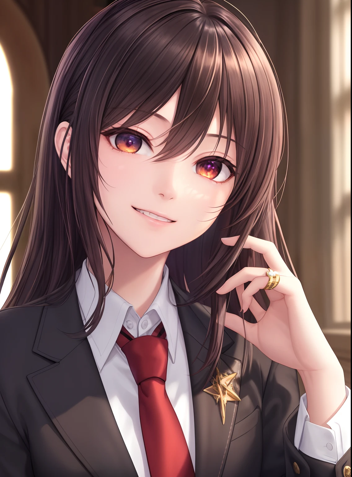 close POV, young girl, light-brown purple golden color palette, black hair with light golden shine, eyes sparkling, rings around eyes, two-tone black and red, smiling at the camera, elegant pose, looking at the viewer, heroic and matural facial features, vivid stained glass window background, character portrait, drawn in medibang paint, 4k wallpaper, aesthetic, masterpiece, award-winning photography, macro photography vivid colors, photorealistic, atmospheric, cinematic, moody, rule of thirds, majestic, detailed, perfect anatomy, library, sunlight, warm light afternoon, toothy smile
school uniformed, grey shirt and red tie, sharp focus, hyper detailed, detailed eyes, eyes focus, (illustration:1.1), highres, (extremely detailed CG unity 8k wallpaper:1.1), (mid shot1.25), (portrait:1.25), (solo:1.2), 1girl, (beautiful face:1.15),
(nixeu_soft:0.7), (nixeu_white:0.7),
