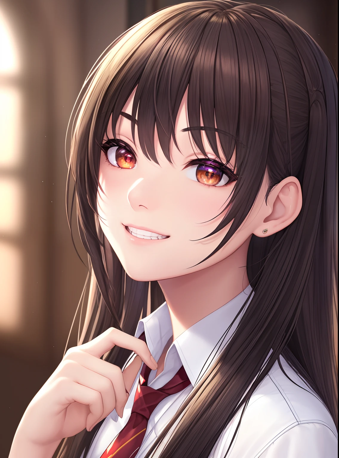 close POV, young girl, light-brown purple golden color palette, black hair with light golden shine, eyes sparkling, rings around eyes, two-tone black and red, smiling at the camera, elegant pose, looking at the viewer, heroic and matural facial features, long eyeslashes, sharp eyebrows and eyes, vivid stained glass window background, character portrait, drawn in medibang paint, 4k wallpaper, aesthetic, masterpiece, award-winning photography, macro photography vivid colors, photorealistic, atmospheric, cinematic, moody, rule of thirds, majestic, detailed, perfect anatomy, library, sunlight, warm light afternoon, toothy smile
school uniformed, grey shirt and red tie, sharp focus, hyper detailed, detailed eyes, eyes focus, (illustration:1.1), highres, (extremely detailed CG unity 8k wallpaper:1.1), (mid shot1.25), (portrait:1.25), (solo:1.2), 1girl, (beautiful face:1.15),
(nixeu_soft:0.7), (nixeu_white:0.7),