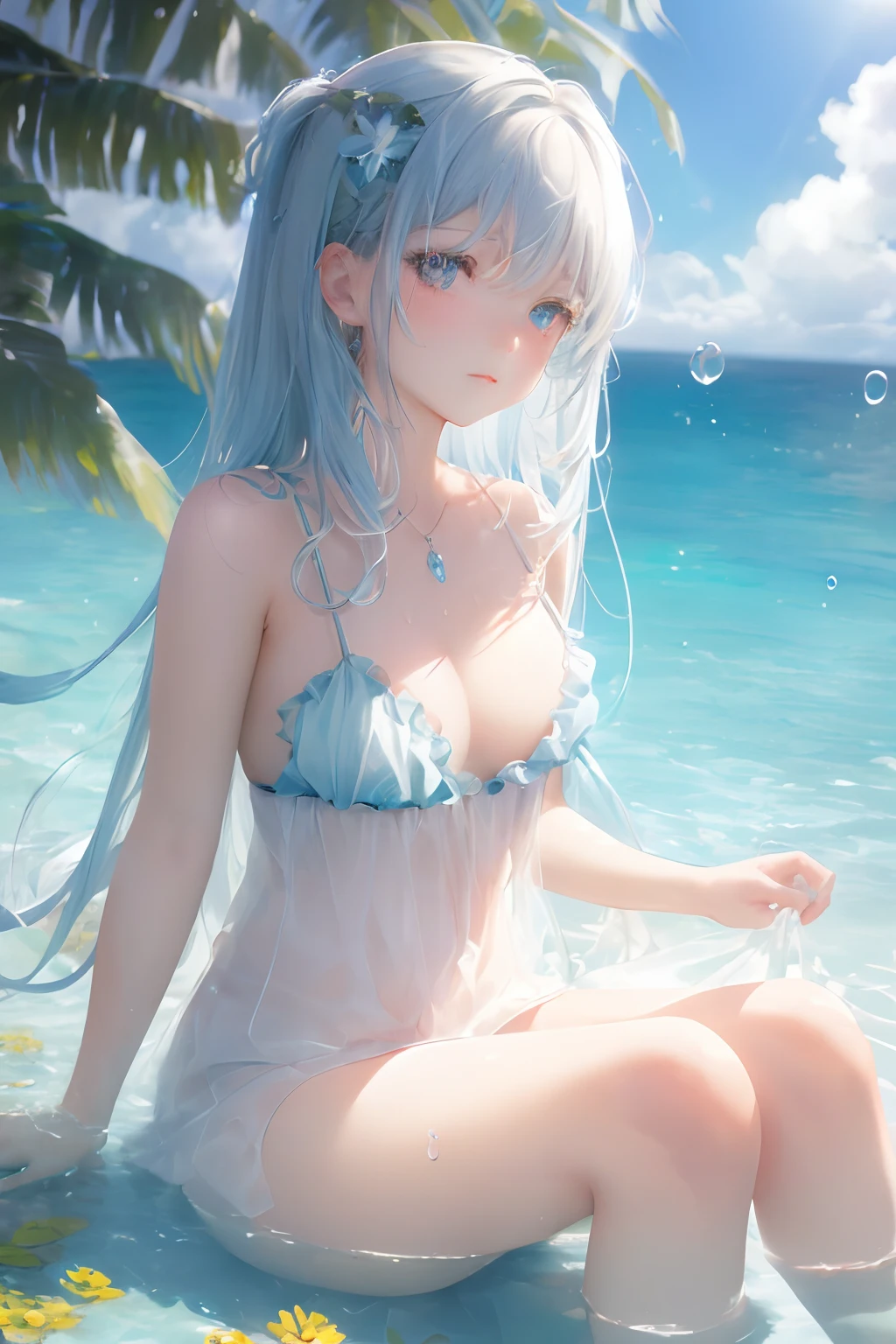 art by Cornflower, dreamy
(a girl who was ite and had beautiful detailed eyes. The depth of field in the photo was perfect, and the lens flare added a nice touch. The finely detailed features of her face really stood out, and the score for this photo was definitely greater than 10. In the background, there was a beautiful ocean with crystal clear water and water droplets on the surface, a girl lies in the water