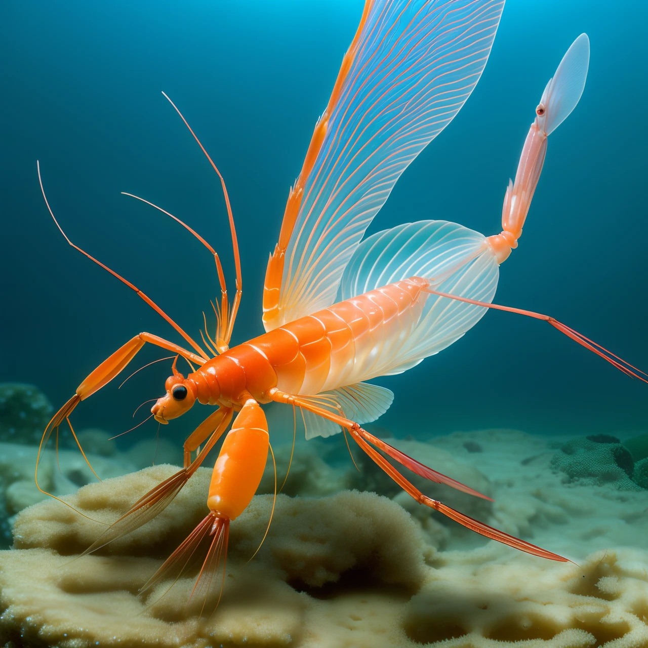A single phosphorescent shrimp, captured in stunning high definition. The delicate curves of its body are rendered with such intricate detail that every iridescent scale seems to shimmer and glow. The atmosphere is one of reverence and awe, with the viewer drawn into a world of natural wonder and beauty. The style is hyper-realistic photography, utilizing advanced camera techniques and lighting to create an image that is truly breathtaking. The image will be realized with a transparent background that showcases the exquisite beauty of the shrimp in all its glory --ar 1:1