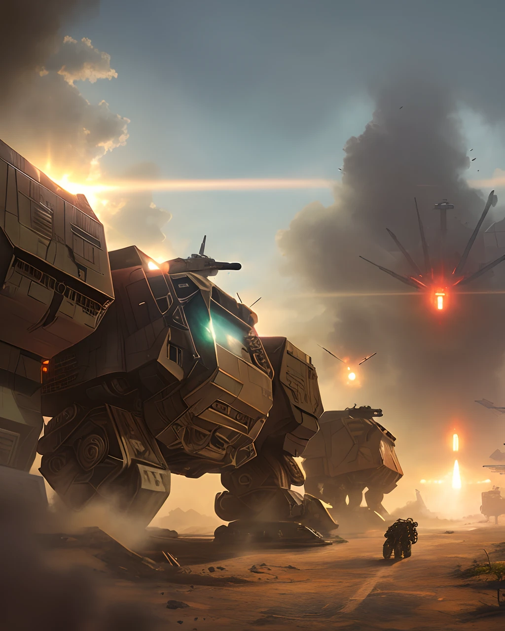 (Gigant MechWarrior):1.1, postst-Apocalyptic isometric sci-fi battlezone by Alejandro Bursido, red vegetation, sun rays, 8K UHD, Mucha perfect lighting, Artgerm, WLOP, Digital Illustration, Scenic, detailed