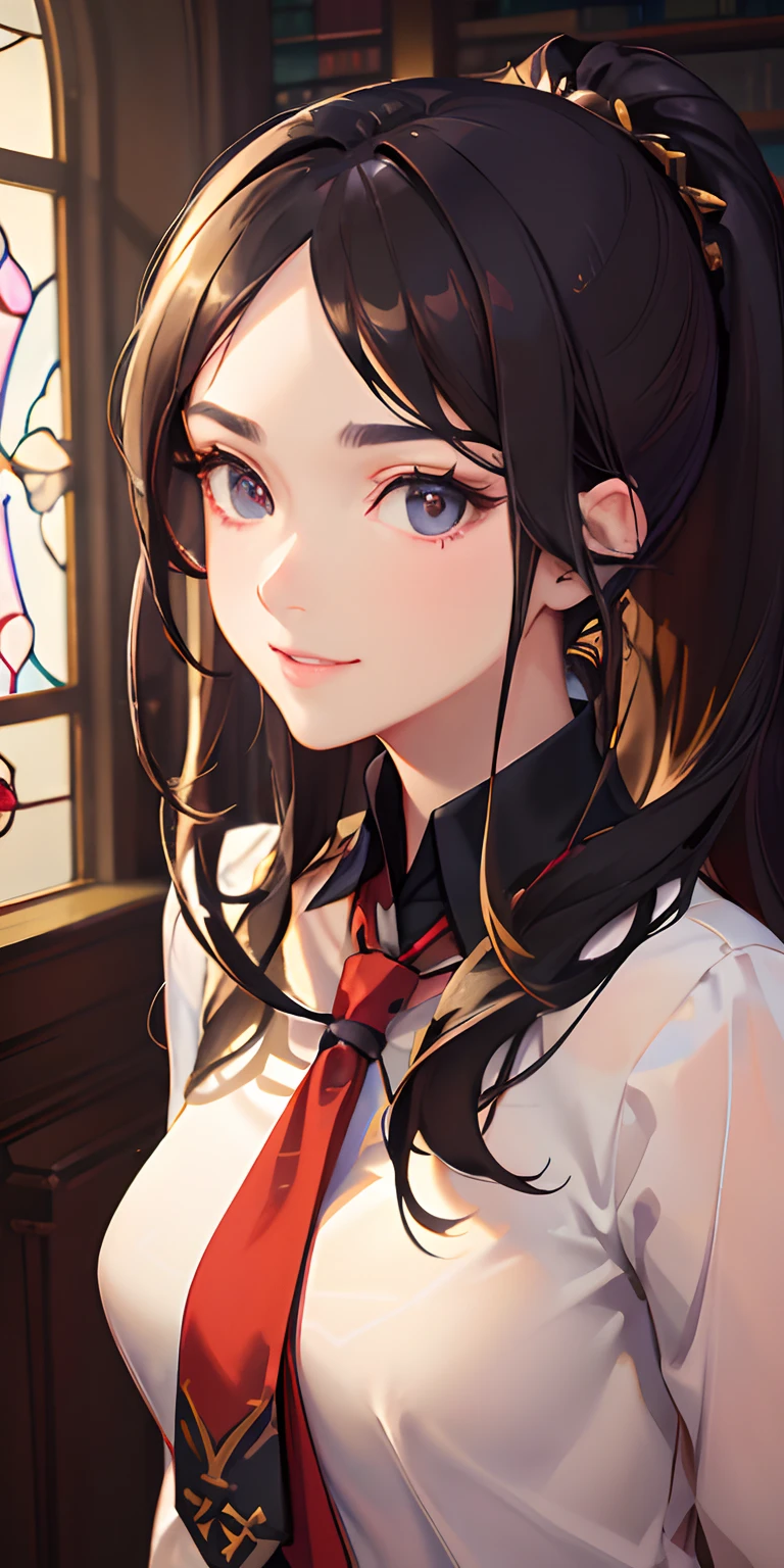 ((best quality)), ((ultradetailed)), ((masterpiece)), young girl, light-brown eyes, purple golden color palette, black hair with light golden shine, side-swept forehead hair, (single high ponytail), eyes sparkling, rings around eyes, two-tone black and red, smiling at the camera, elegant pose, medium build, looking at the viewer, matural and sharp facial features, long eyeslashes, sharp eyebrows and eyes, setting in a library, sunlight, warm light afternoon, cheerful and joyful smile, school uniformed, grey shirt and red tie, vivid stained glass window background, character portrait, drawn in medibang paint, 4k wallpaper, aesthetic, masterpiece, award-winning photography, macro photography vivid colors, photorealistic, atmospheric, cinematic, moody, rule of thirds, majestic, detailed, perfect anatomy, sharp focus, hyper detailed, detailed eyes, eyes focus, (illustration:1.1), highres, (extremely detailed CG unity 8k wallpaper:1.1), (mid shot1.25), (portrait:1.25), (solo:1.2), 1girl, (beautiful face:1.15), (nixeu_soft:0.7), (nixeu_white:0.7),