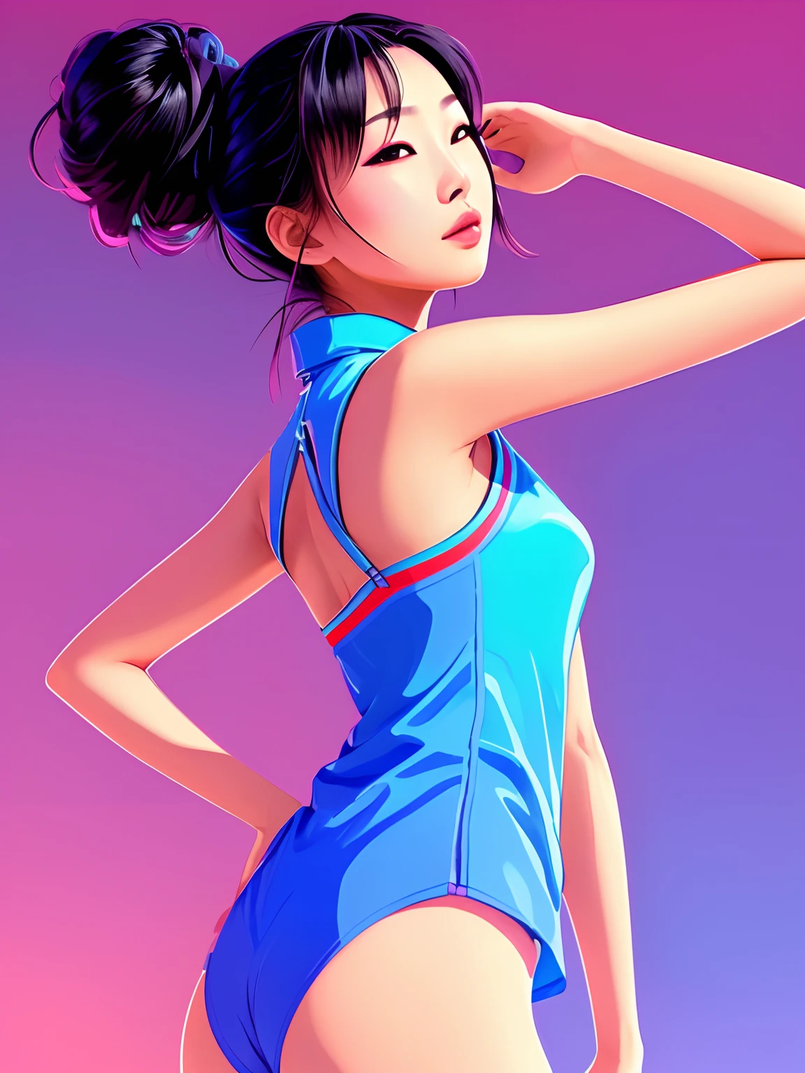 Extremely low angle, from below, illustration masterpiece, long legs, wide hips, cute lips, slim asian lady with a messy bun, wearing noble noble clothes, stylish, fashionable, neon acryl, asian dream woman 🫦, flirty, bossy, dominant pose, 8k, soft colors, ultra detailed, sunny day, beautiful