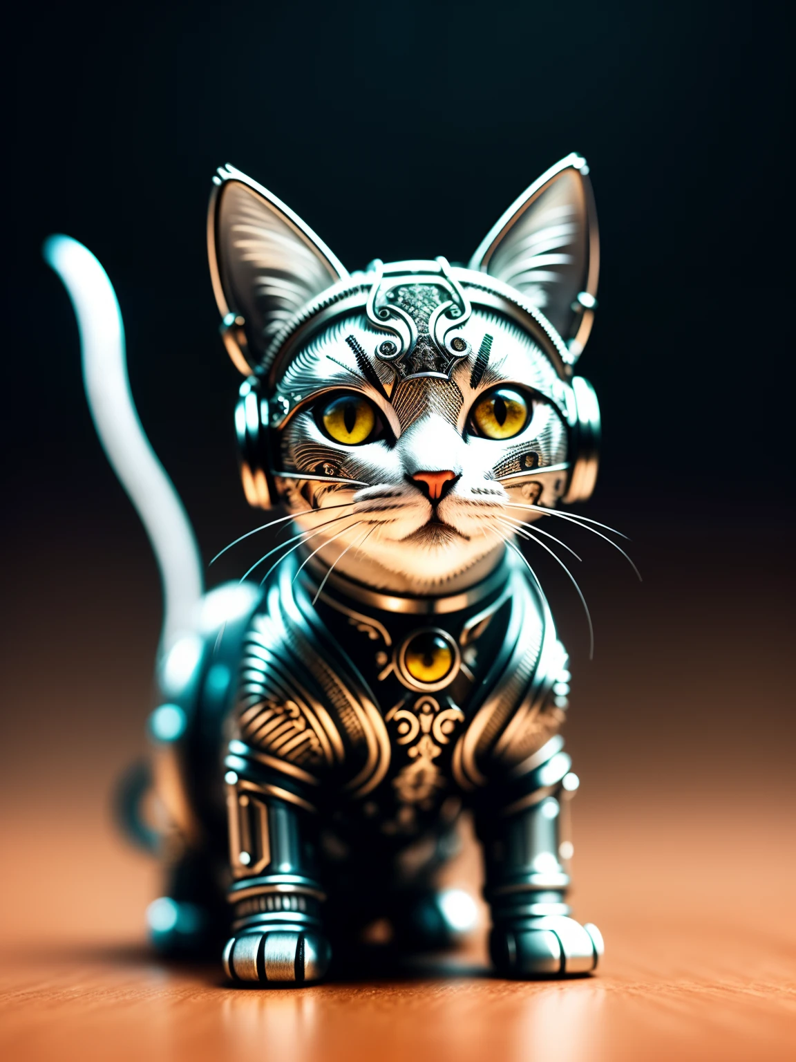 a cute kitten made out of metal, (cyborg:1.1), ([tail | detailed wire]:1.3), (intricate details), hdr, (intricate details, hyperdetailed:1.2), cinematic shot, vignette, centered