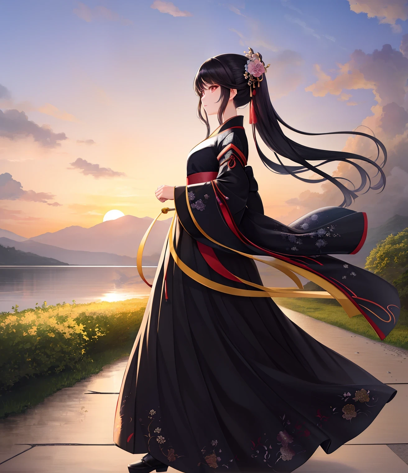 masterpiece, best quality, ultra-detailed, beautiful lighting, Scenic, serene, black-haired girl, Hanfu, walking, sunset.