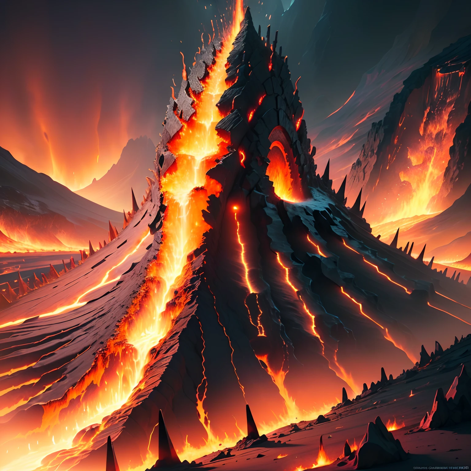 Gear, machinery, construction, lava, volcano, ground surrounded by spikes, magma, realistic, best quality, (extremely detailed CG unity 8k wallpaper), (best quality), (best illustration), (best shadow), absurdres, realistic lighting, (Abyss), 