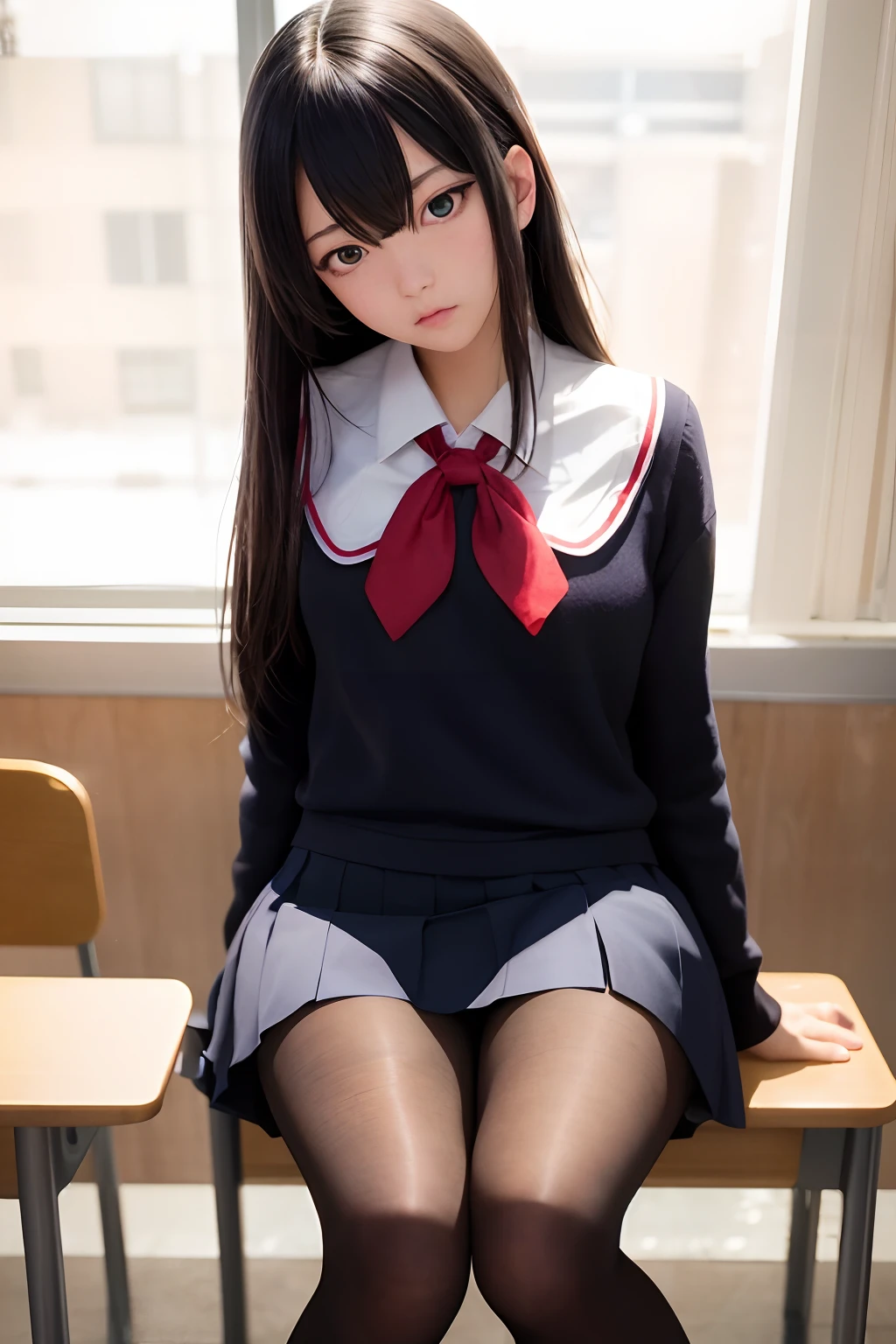 masterpiece, best quality, ultra-detailed, illustration, colorful, falt color, depth of field, lens flare,

1girl, anime, sitting, black hair, looking at viewer,school, classroom, pleated miniskirt , school uniform, serafuku, black pantyhose, detailed skin texture, detailed cloth texture, beautiful detailed face,