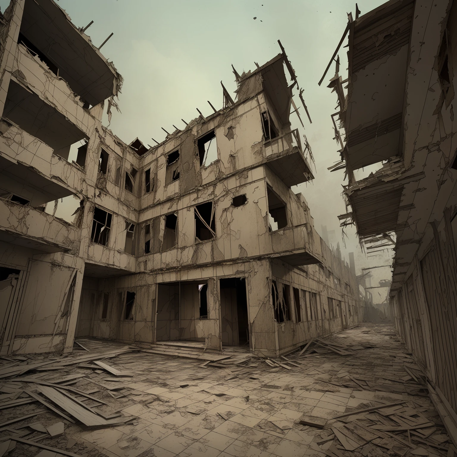 Edge lighting, background lighting, surprising architectural details, complete building structure, (outdoor), Q Version cartoon style, (Dilapidated, ruined)