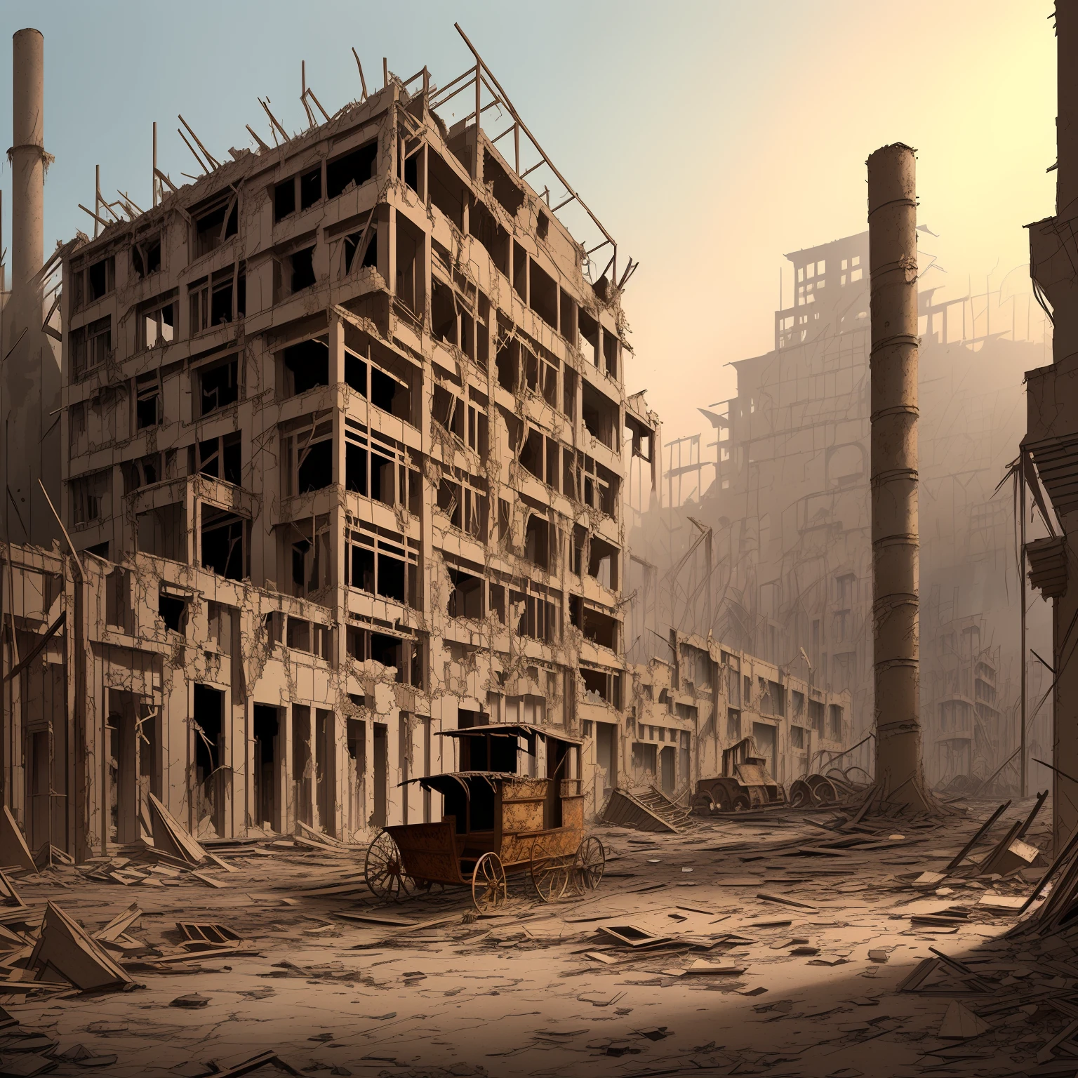 Edge lighting, background lighting, amazing architectural details, complete building structure, (outdoor), Q Version cartoon style, (Dilapidated, deserted), (Chariot Factory)