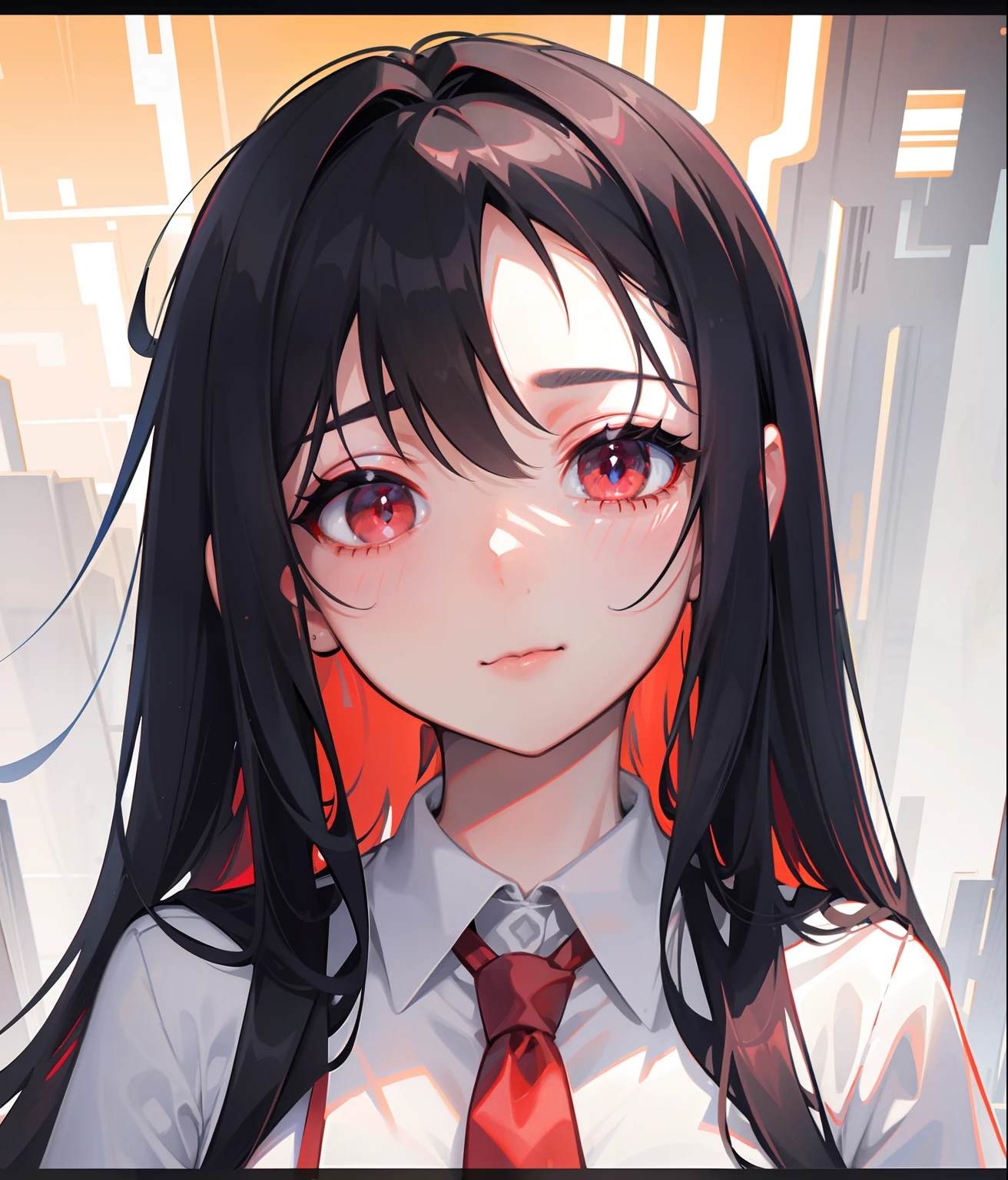 school uniformed, grey shirt and red tie, sharp focus, hyper detailed, detailed eyes, eyes focus, (illustration:1.1), highres, (extremely detailed CG unity 8k wallpaper:1.1), (mid shot1.25), (portrait:1.25), (solo:1.2), 1girl, (beautiful face:1.15), (nixeu_soft:0.7), (nixeu_white:0.7), 22 years old Asian girl, big eyes, slightly fat face, normal build, 166 height, double eyelids, light makeup, cute,black hair
