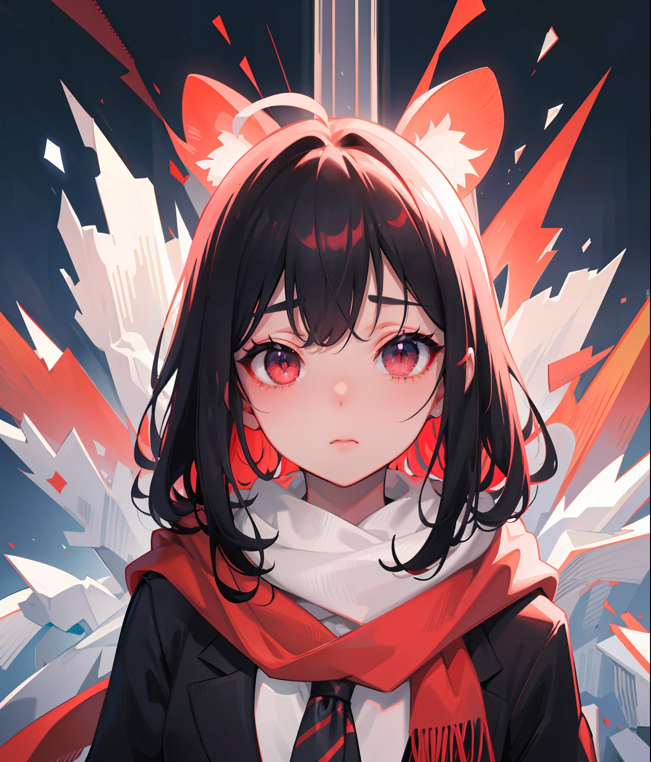 school uniformed, grey shirt and red tie, sharp focus, hyper detailed, detailed eyes, eyes focus, (illustration:1.1), highres, (extremely detailed CG unity 8k wallpaper:1.1), (mid shot1.25), (portrait:1.25), (solo:1.2), 1girl, (beautiful face:1.15), (nixeu_soft:0.7), (nixeu_white:0.7), Asian girl, big eyes, slightly fat face, normal build, 166 height, double eyelids, light makeup, cute, black hair, coat, scarf, snow, under the tree,