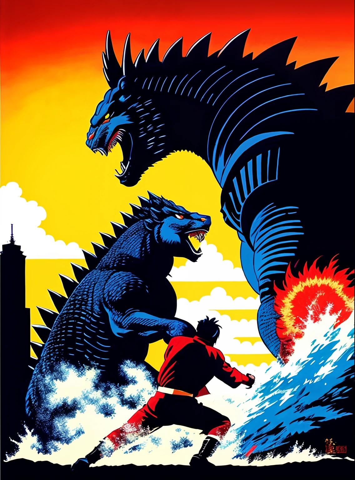 A scene from the classic Japanese film, where the brave hero, Shinichi "Yongary" Ichikawa, is shown beating up the iconic monster, Godzilla. In the image, Yongary stands atop a building, his fists raised as he unleashes a flurry of punches on the towering behemoth. Godzilla roars in pain and fury, its massive frame shaking the ground beneath it. The atmosphere is intense and action-packed. Digital Artwork with bold lines and vivid colors to capture the dynamic motion of the fight.