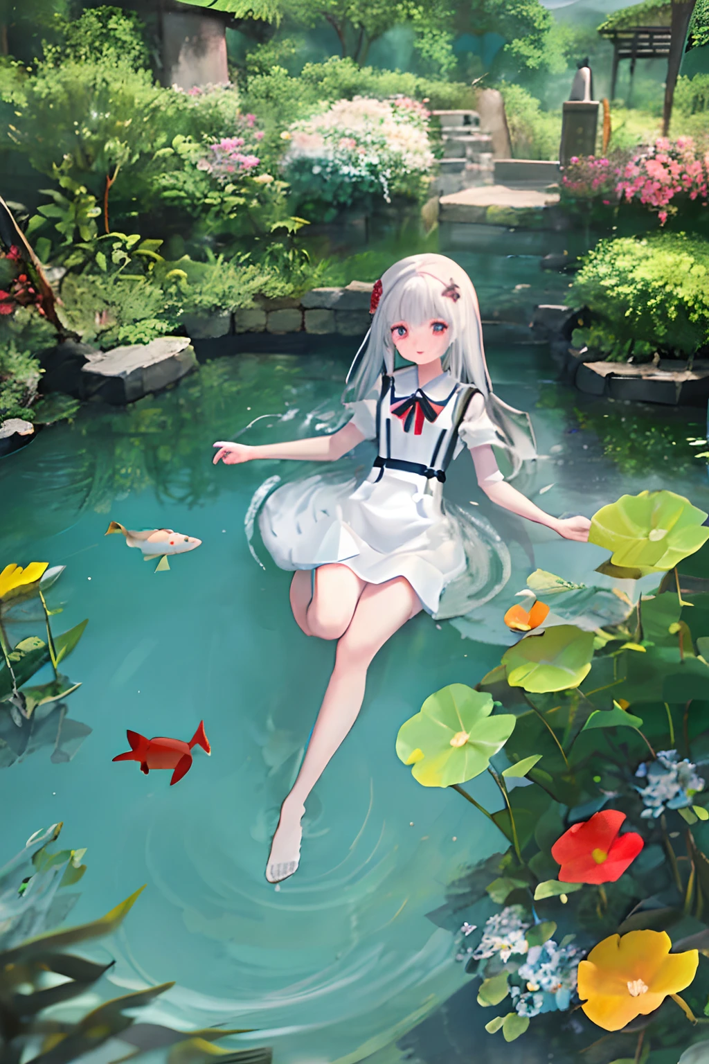 White-haired girl with red pupils, happily splashing around in a crystal-clear pond surrounded by colorful fish and flowers, creating ripples that reflect the warm sunshine overhead. The overall mood is playful and carefree, with a sense of innocence and wonder permeating the scene. Photography with a 50mm lens, f/2.8 aperture, and ISO 200 to capture the details of the girl's expression and the surrounding environment. --ar 1:1 --v 4