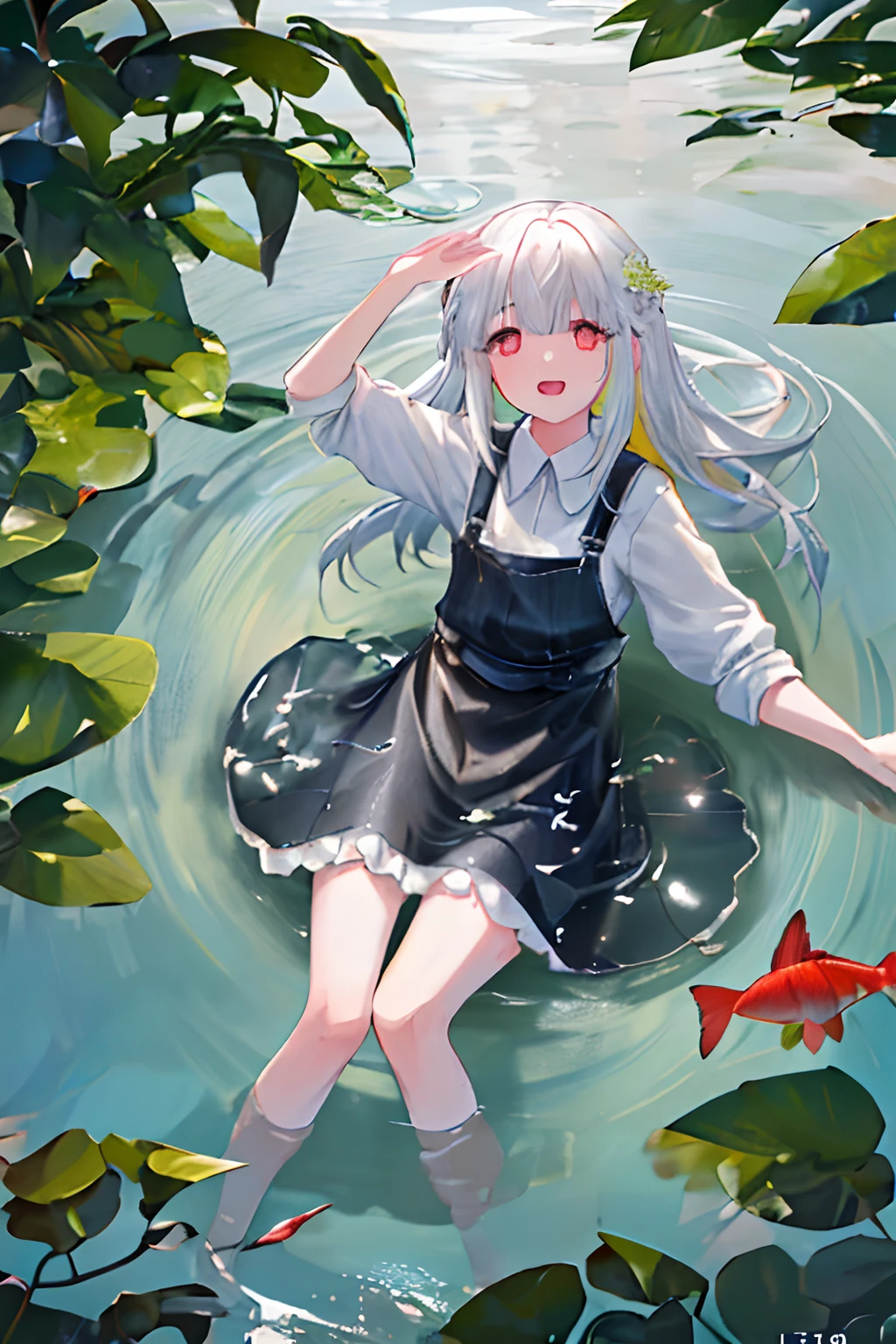 White-haired girl with red pupils, happily splashing around in a crystal-clear pond surrounded by colorful fish and flowers, creating ripples that reflect the warm sunshine overhead. The overall mood is playful and carefree, with a sense of innocence and wonder permeating the scene. Photography with a 50mm lens, f/2.8 aperture, and ISO 200 to capture the details of the girl's expression and the surrounding environment. --ar 1:1 --v 4