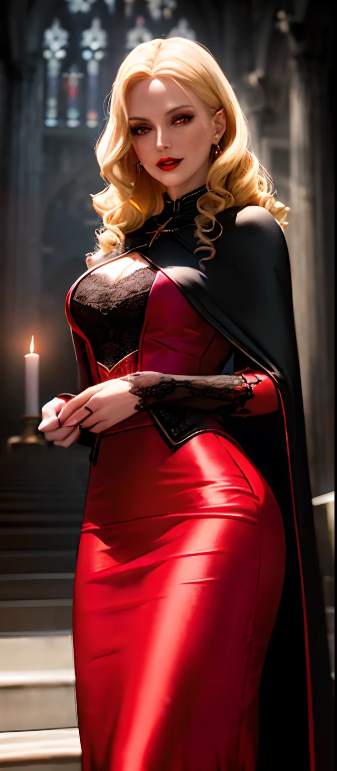 dim light, old church, mature female vampire, red lips, expose vampire tusk, glowing blue pupils, slim, tall, long blonde curly hair, long black cape, red leotardy long lace-skirt with diamond, gold bracelet, 8k, Unreal engine, highly detailed, octane render