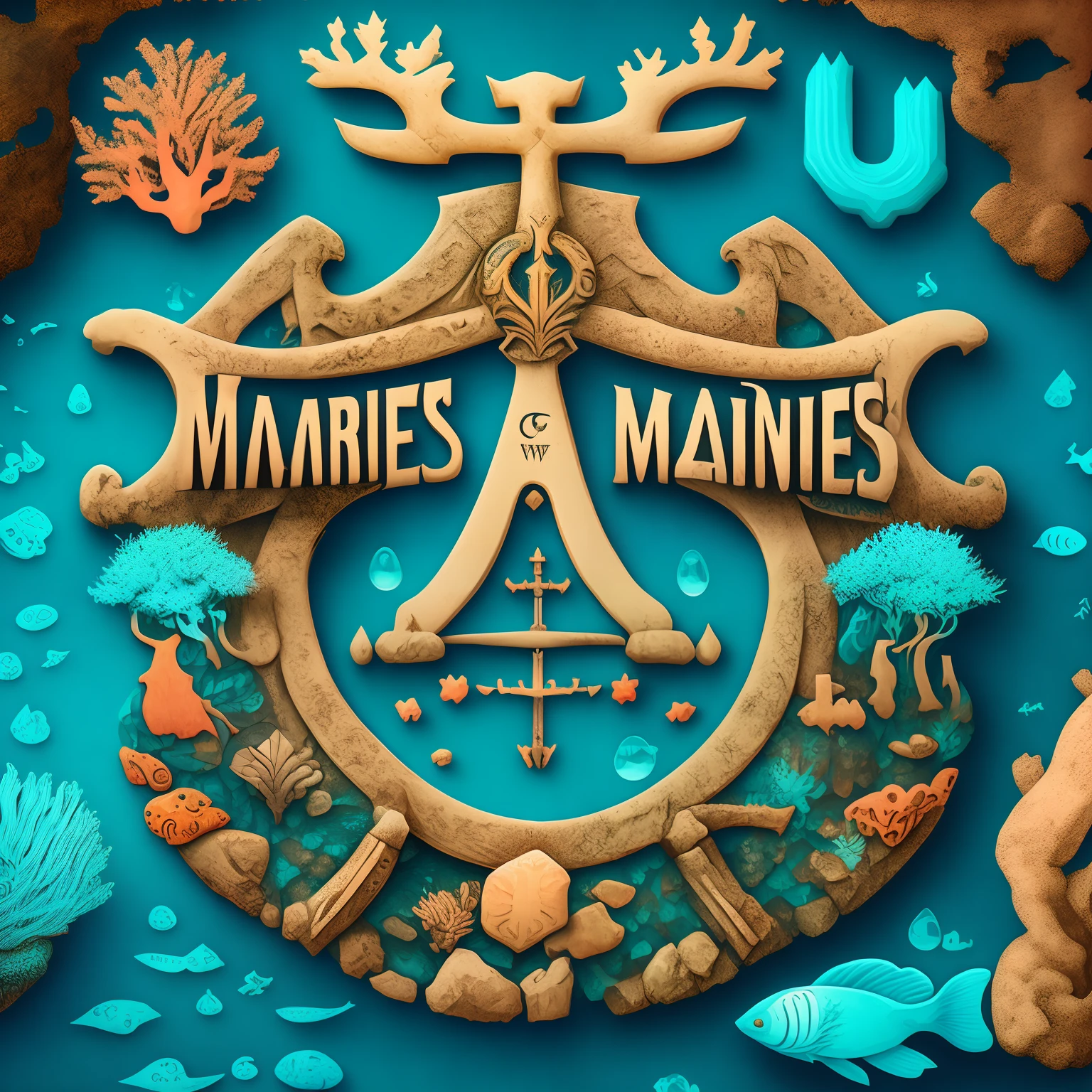 no ground,margin with Marine elements , Design a gameicon, with a symbol of the Coral Castle, Modern font , textures , treee, water , 8k , vector , art , center axes,
