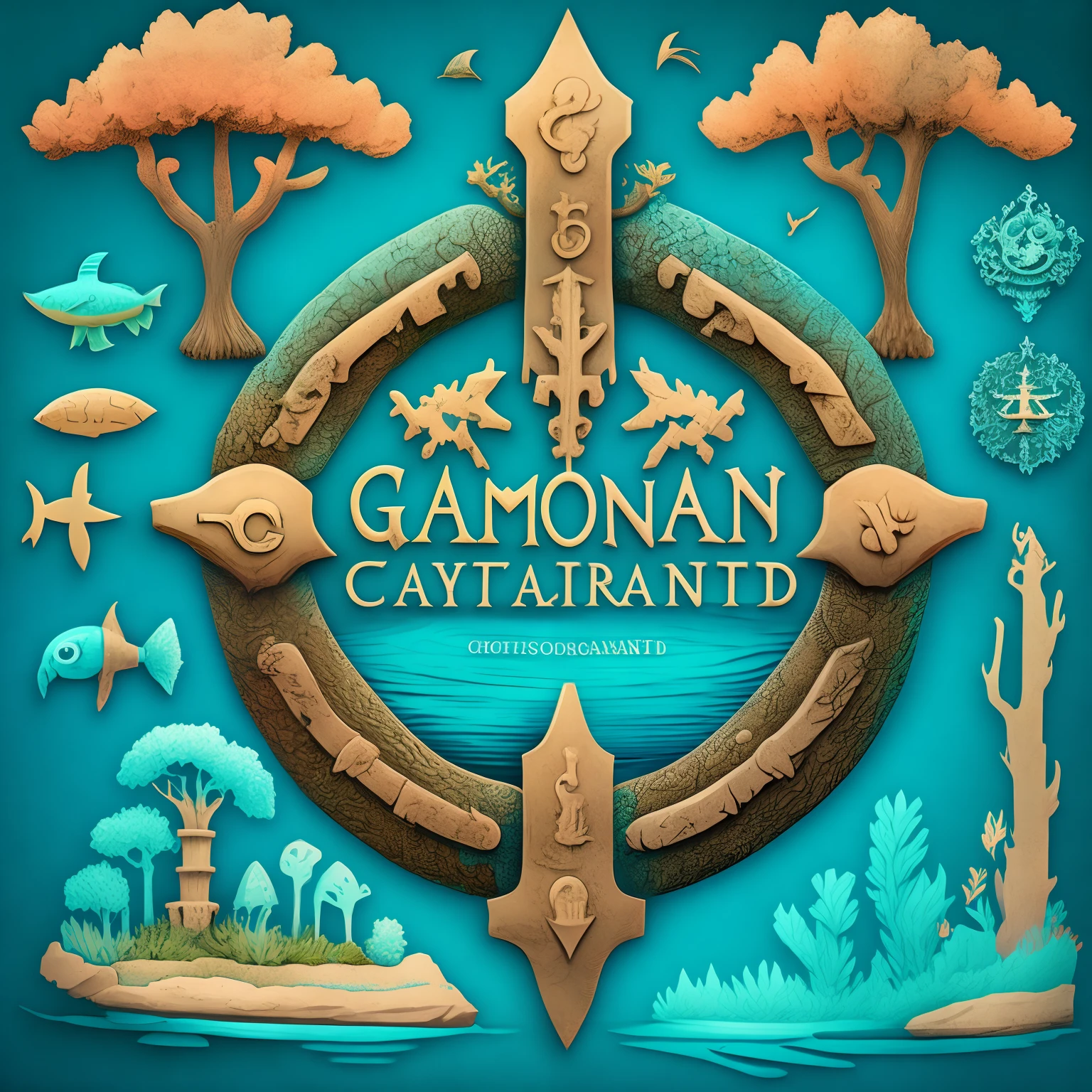 no ground，margin with Marine elements , Design a gameicon, with a symbol of the Coral Castle, Modern font , textures , treee, water , 8k , vector , art , center axes,