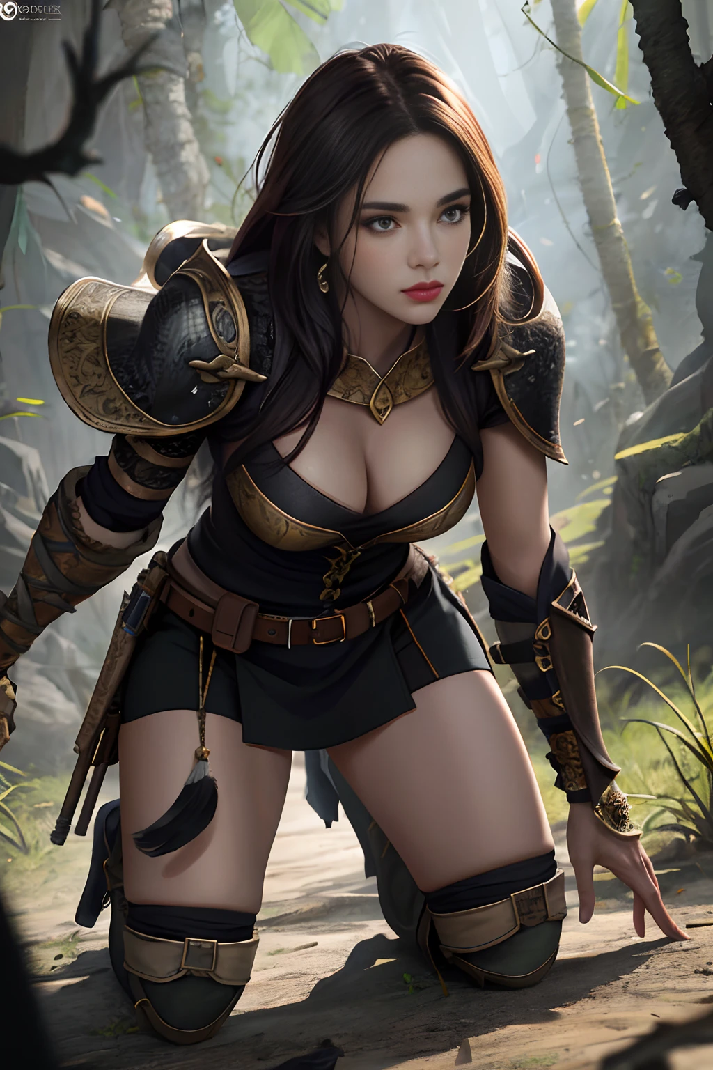 looking at viewer, half body angle, cave background, movie still, chiaroscuro lighting, Rembrandt lighting, female hunter, Wearing jungle clothing, with totem painted on face and arms, brown long hair, appropriate muscle definition, half-kneeling on the ground, heroic posture, realistic style,(8k, RAW photo, best quality, masterpiece:1.2), (realistic:1.3), (photorealistic:1.3), detailed facial features, ultra-detailed, Masterpiece, realistic lighting, best quality, masterpiece,best quality,extremely detailed CG unity 8k wallpaper,on artstation