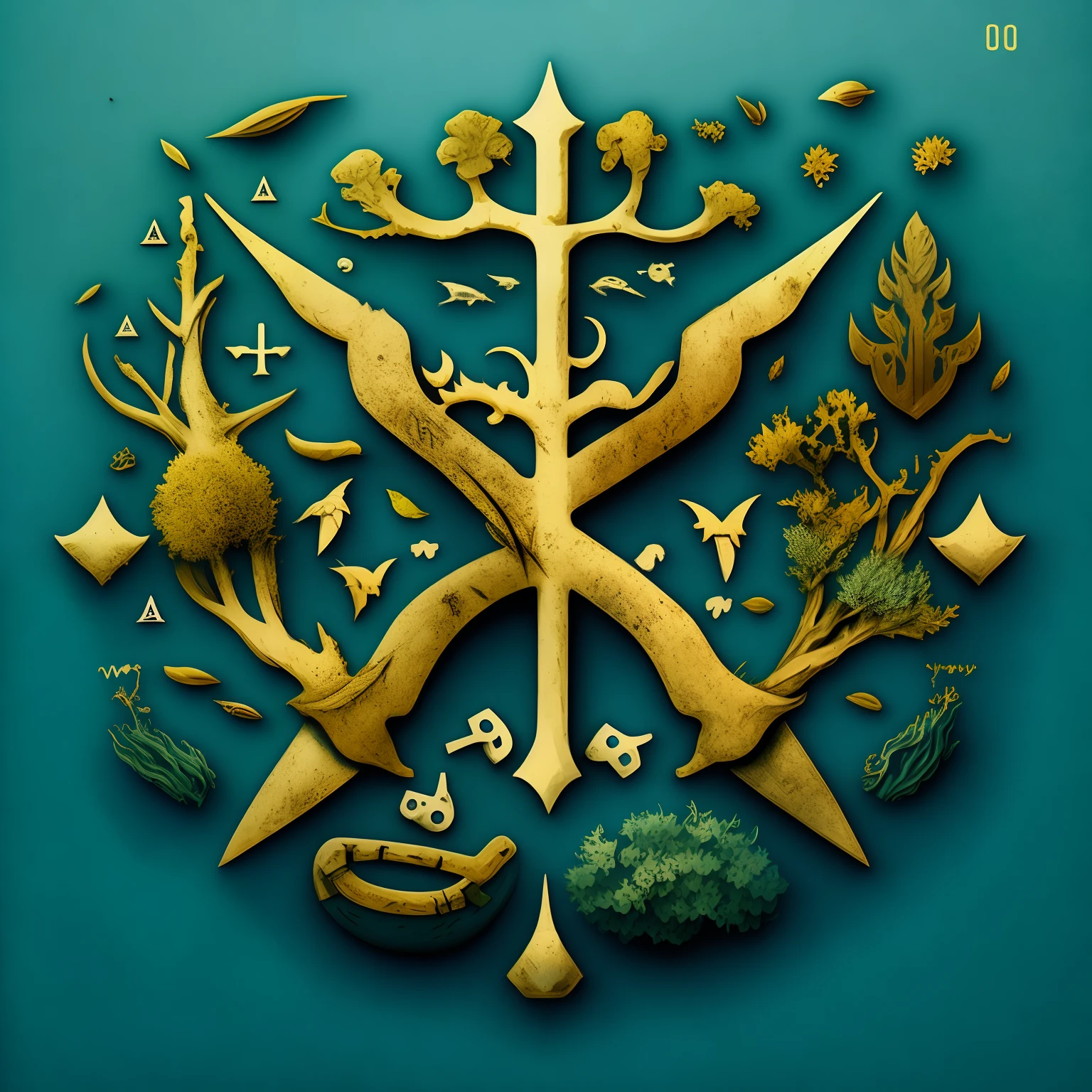 no ground，margin with Marine elements , Design a gameicon, with a symbol of the Sargassum, Modern font , textures , treee, water , 8k , vector , art , center axes,
